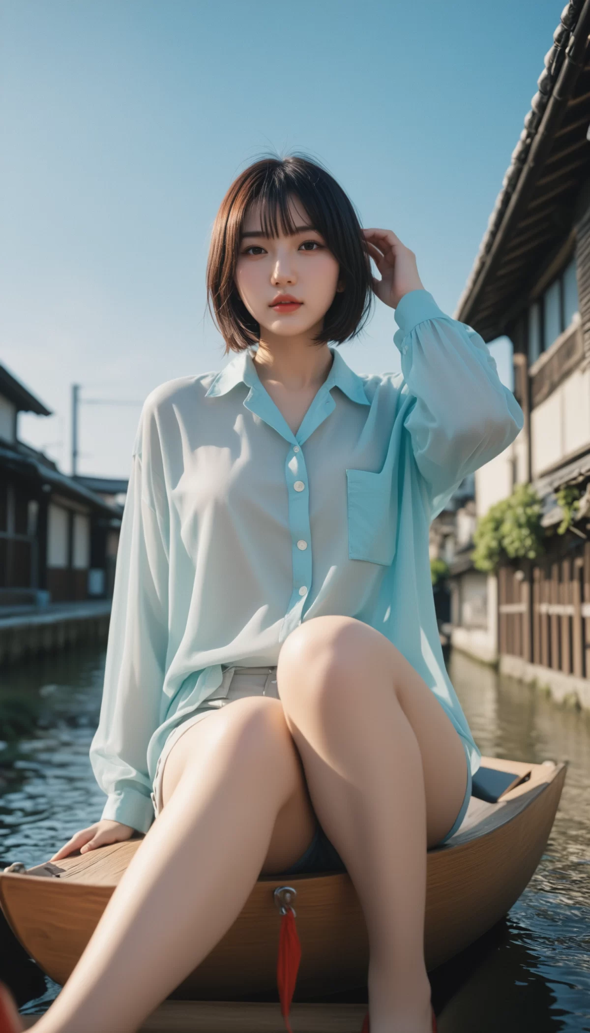 752 【AI美女】水郷の町で小舟デート！透けシャツ×美脚にドキッ