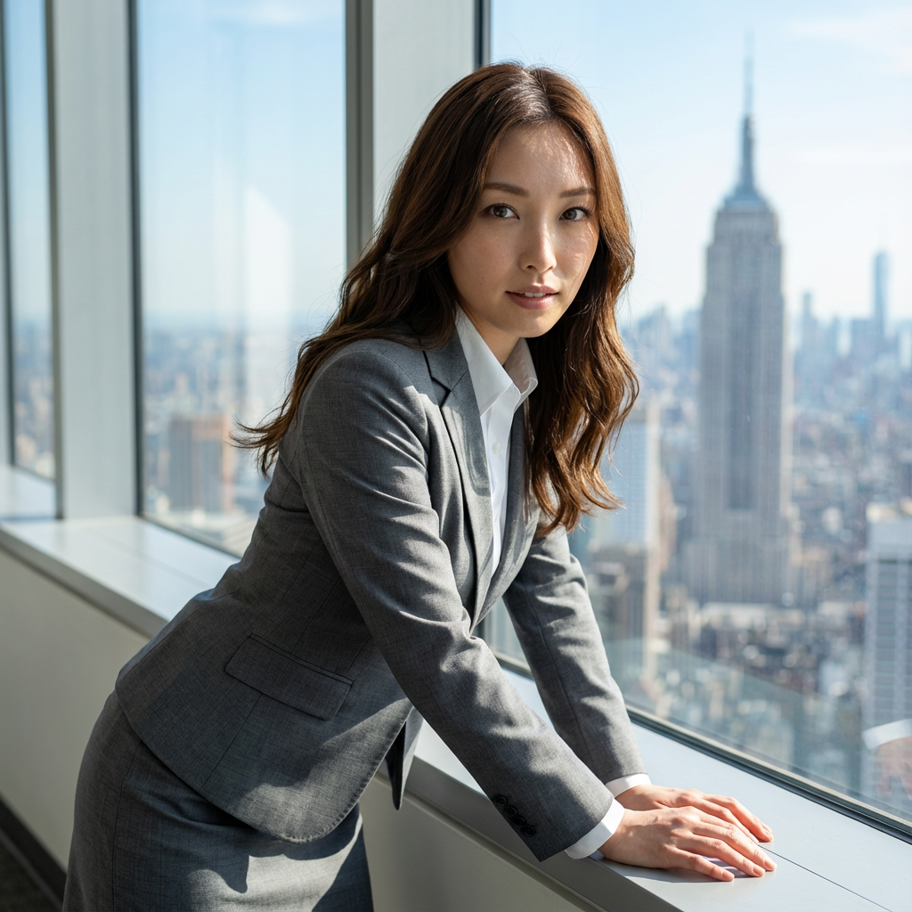 762 【AI美女】都会の空とスーツ姿。窓辺の彼女に恋するひととき