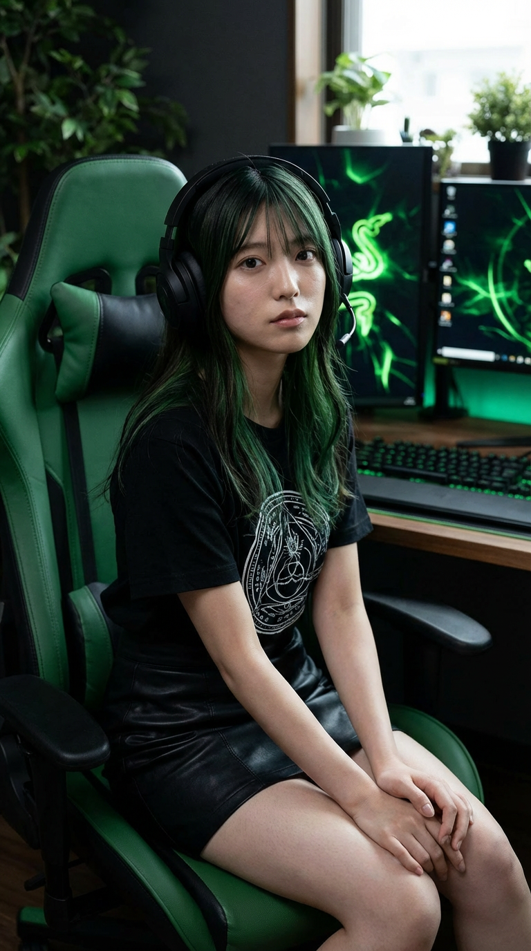 緑髪の女性がゲーミングチェアに座る