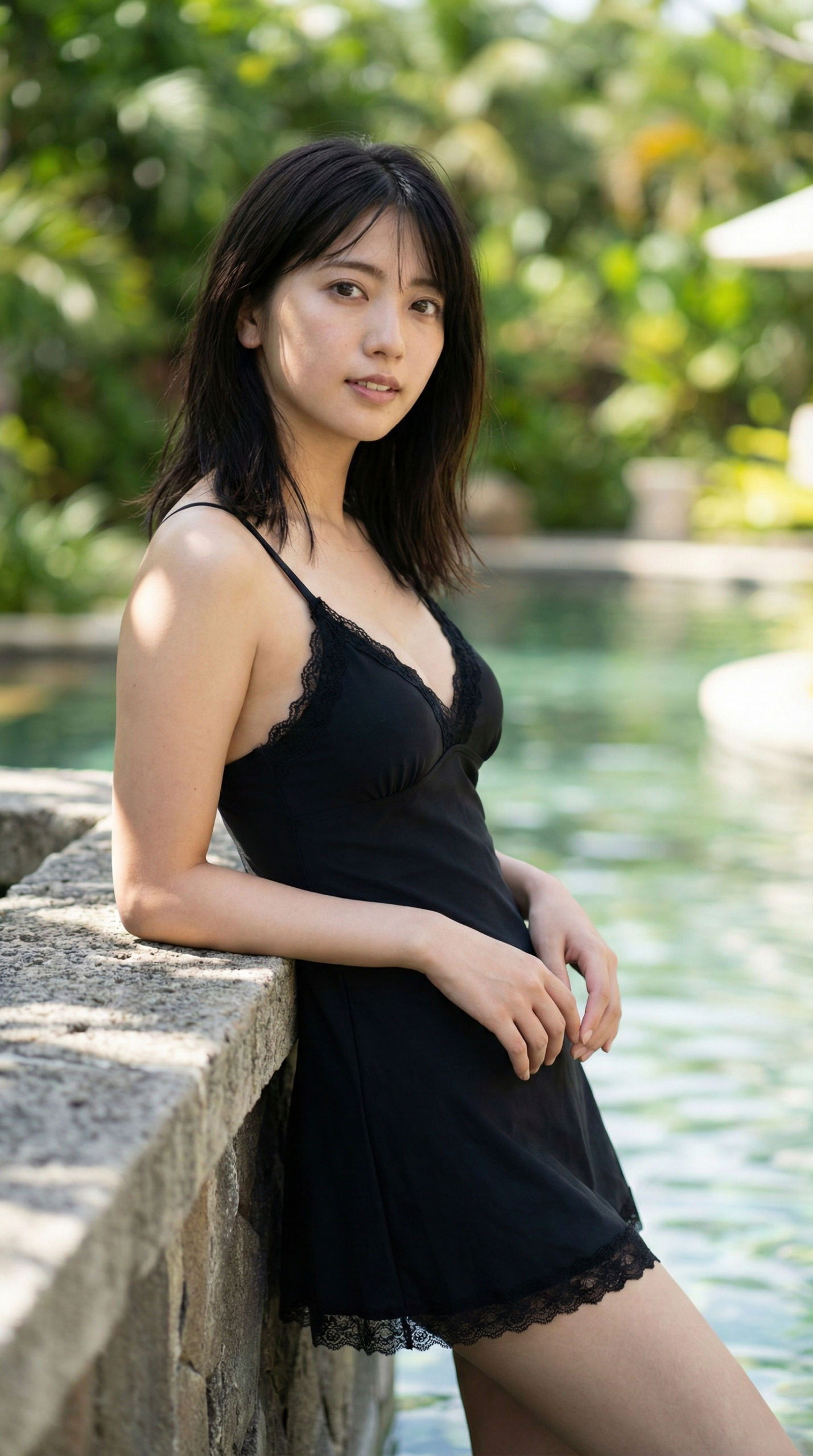 黒いキャミソールワンピースを着た女性