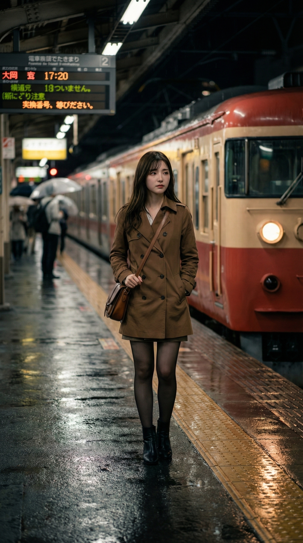雨の日の駅で列車を待つ女性