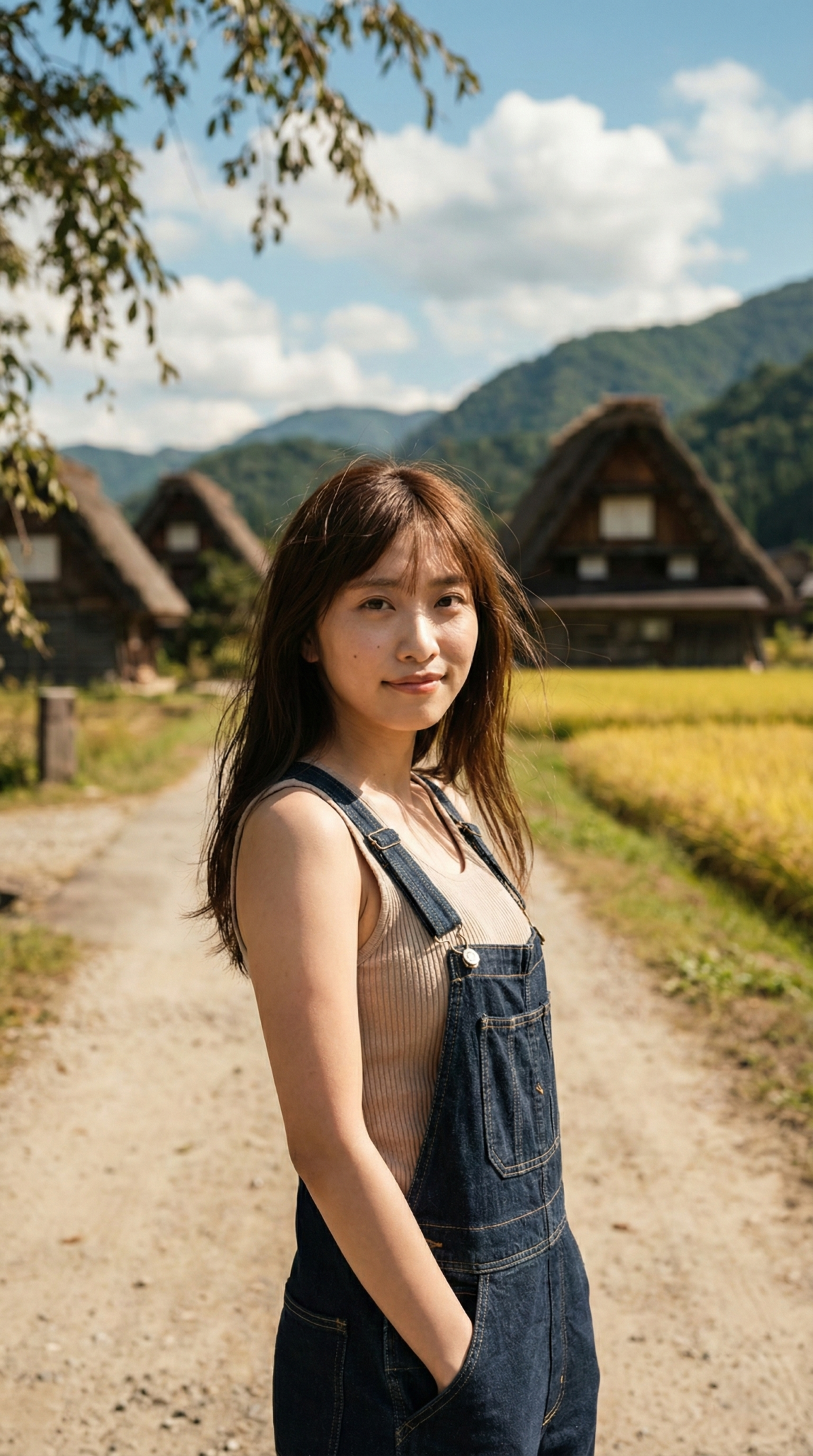 田園風景の中、オーバーオール姿の女性