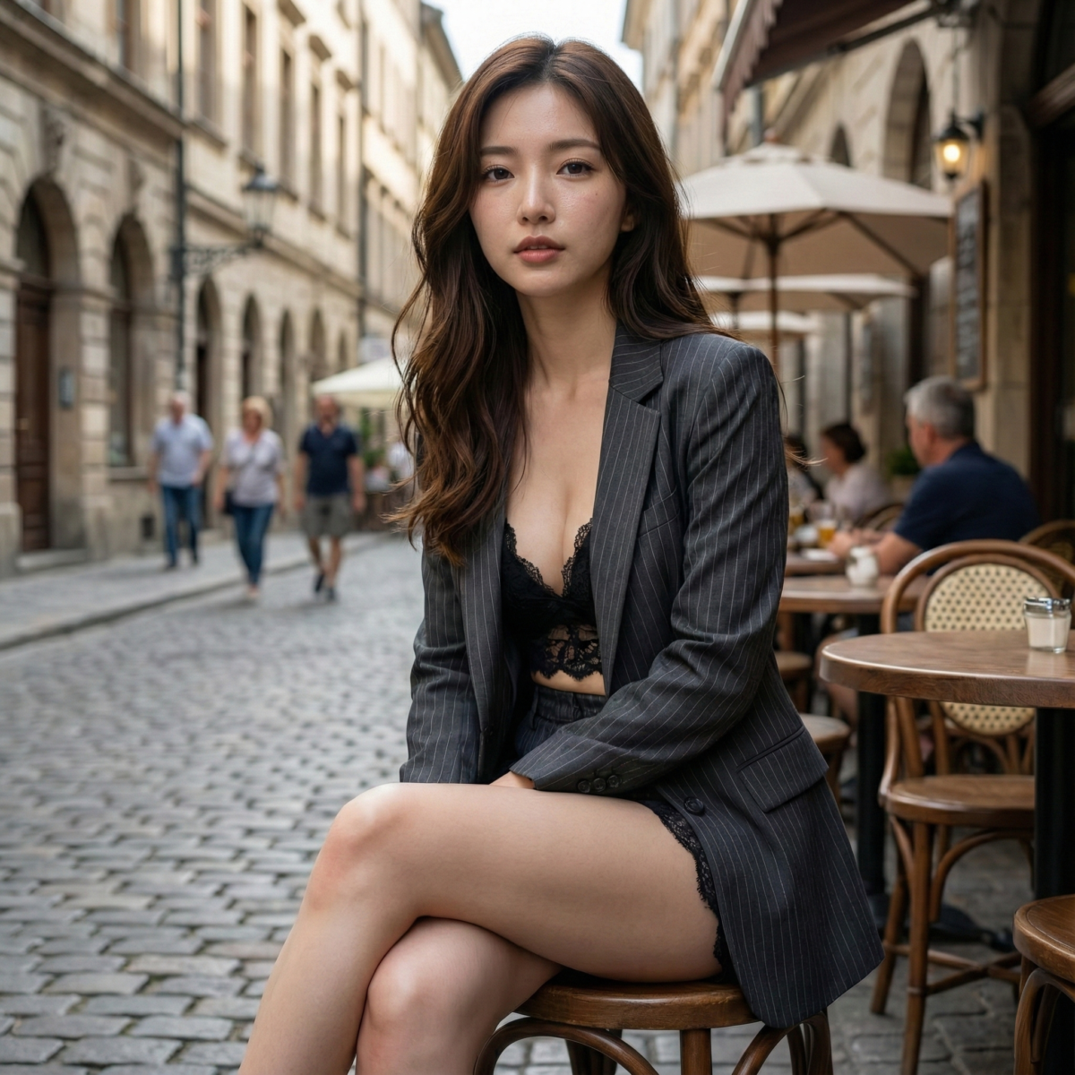 770 【AI美女】街角の彼女。ジャケット×レースのギャップに沼る