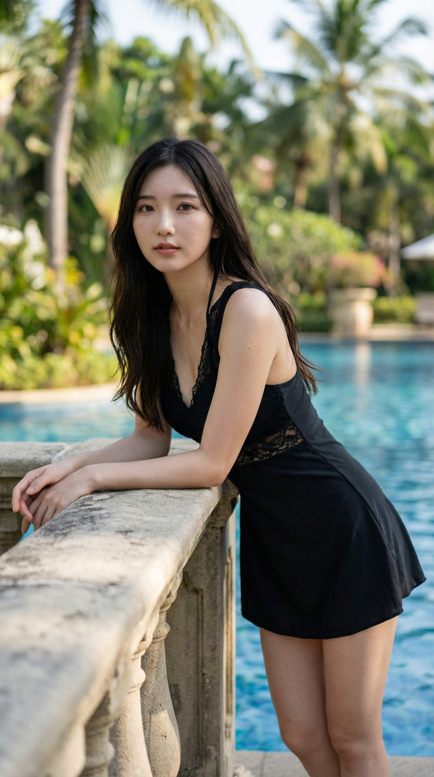 黒い水着姿の女性がプールサイドに立つ