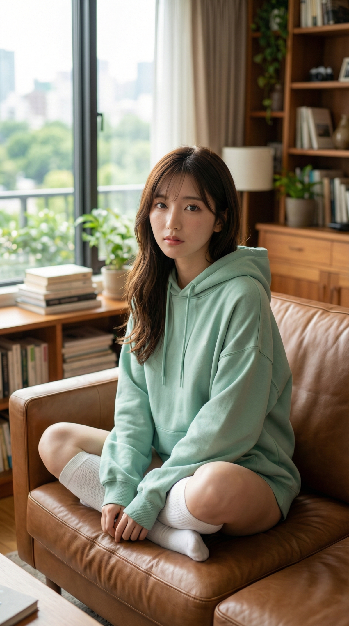 ミントグリーンのパーカーを着た女性がソファに座っている