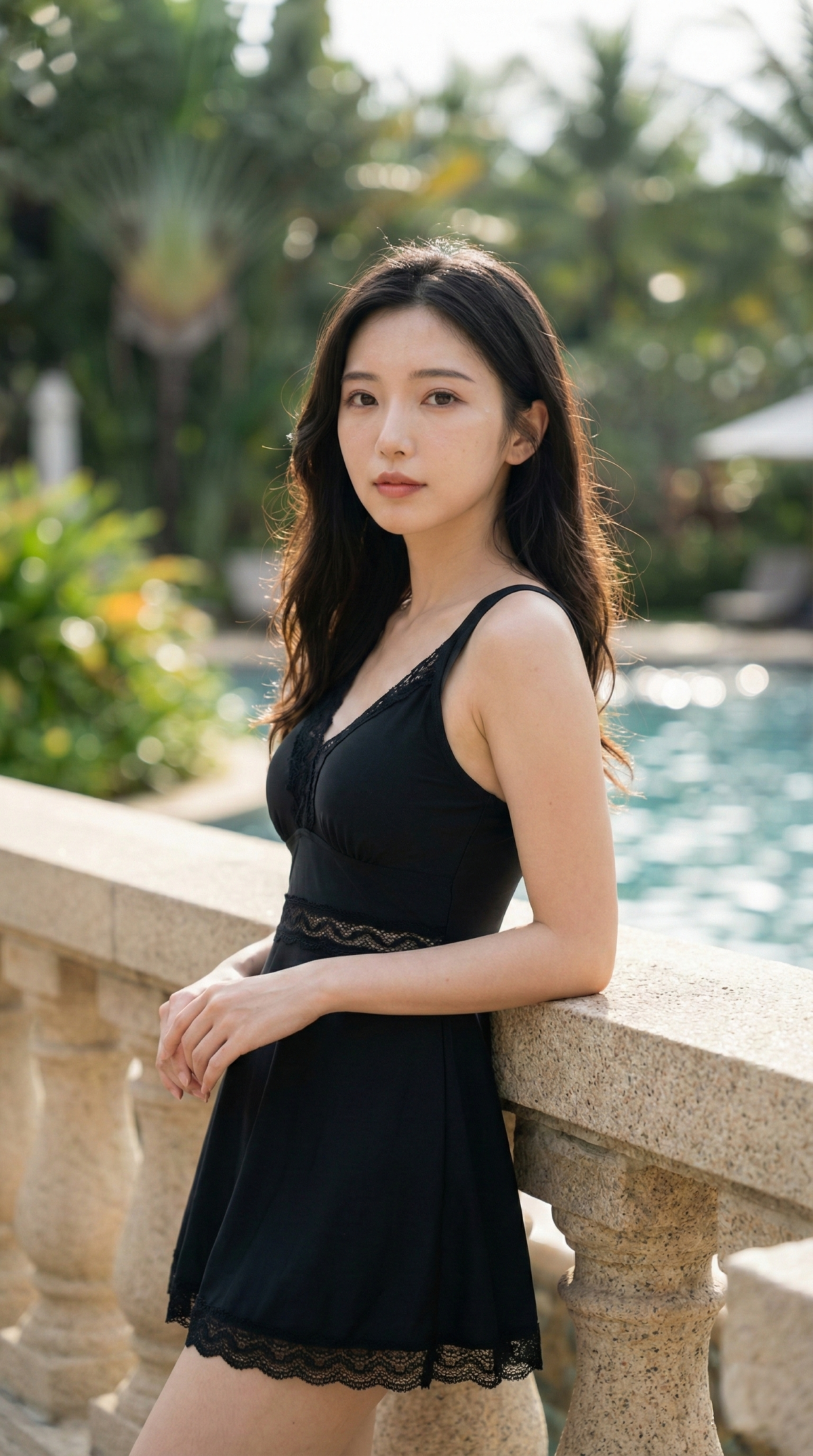 黒いドレスを着た女性が、プールサイドの縁に寄りかかっている