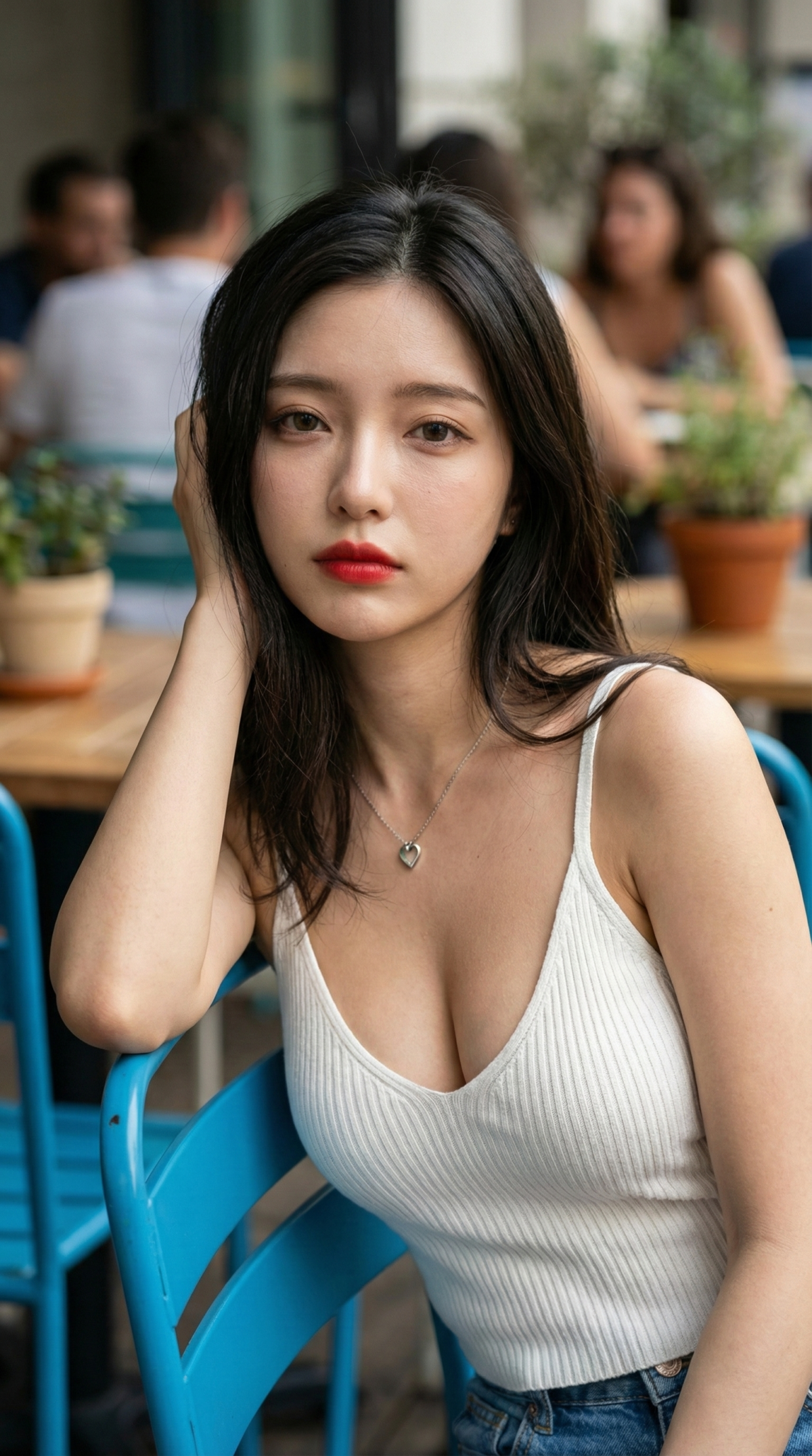 青い椅子に座り、こちらを見つめる女性