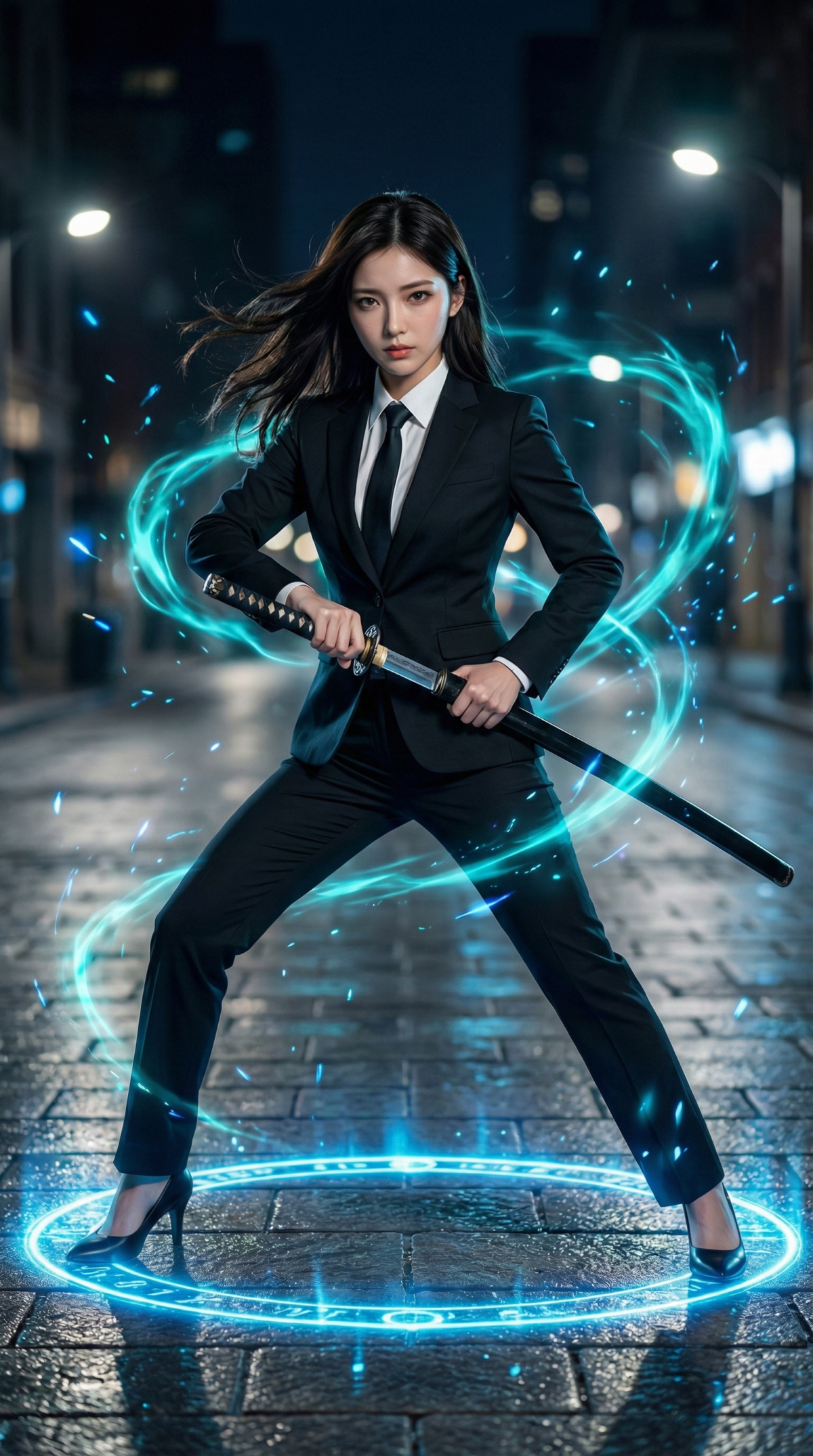 黒スーツの女性が剣を構え、光の輪の中にいる