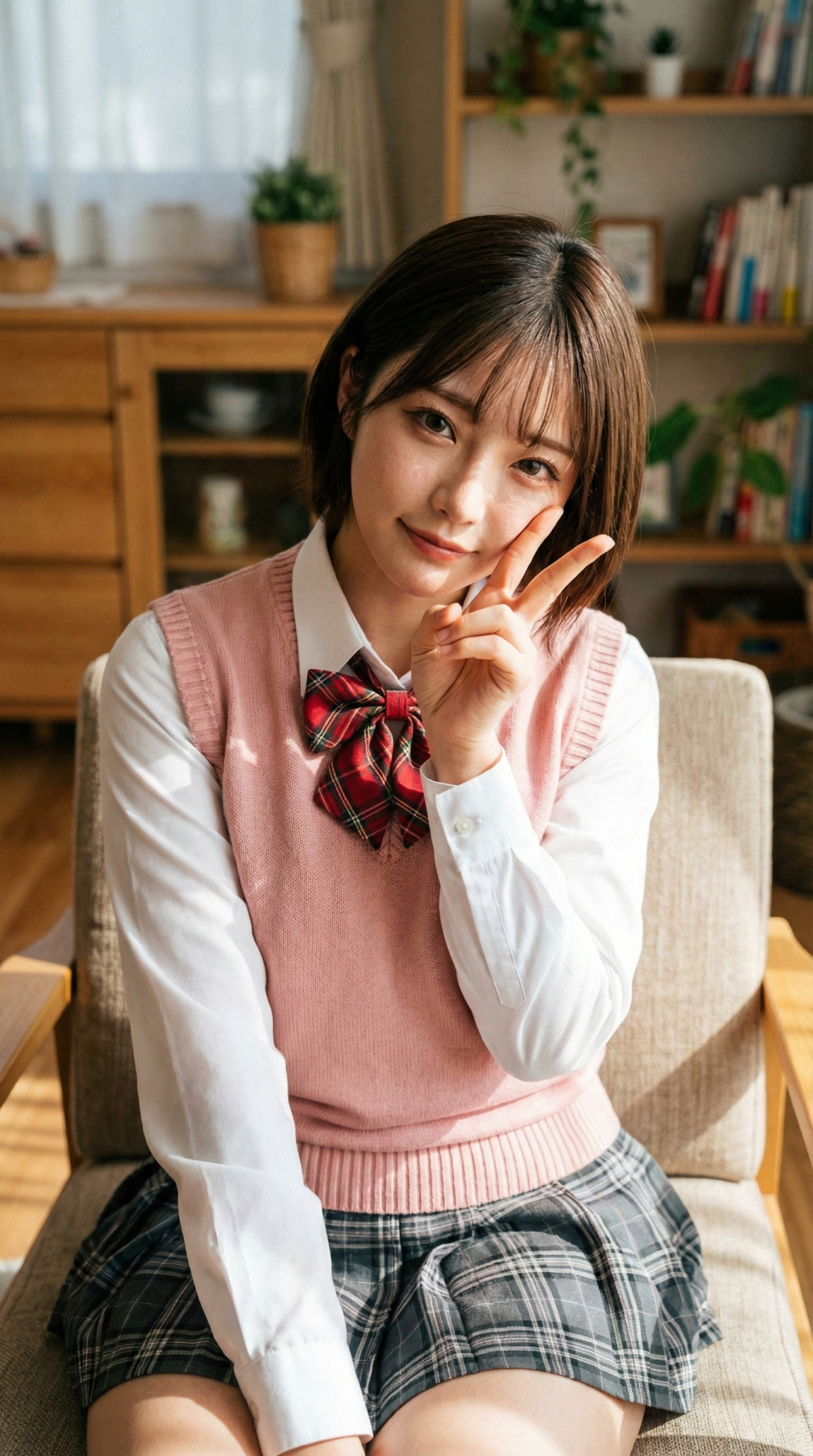 女子高生がピースサインで微笑んでいる