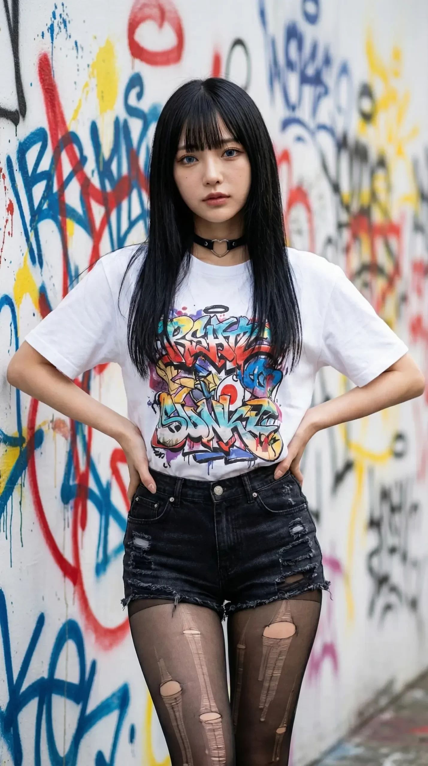 グラフィティ壁を背景にした黒髪の女性