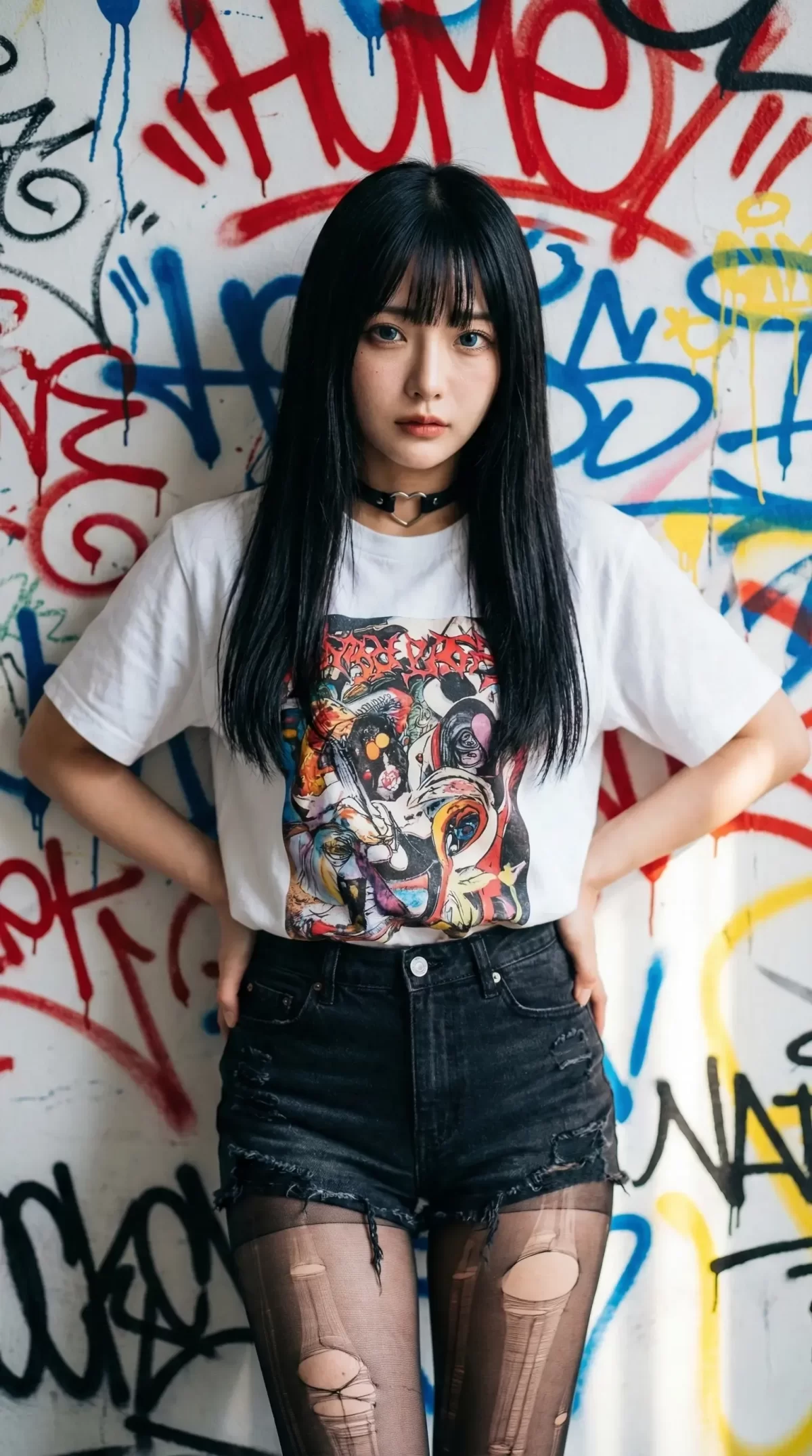 グラフィティ壁を背景に、派手なTシャツを着た女性
