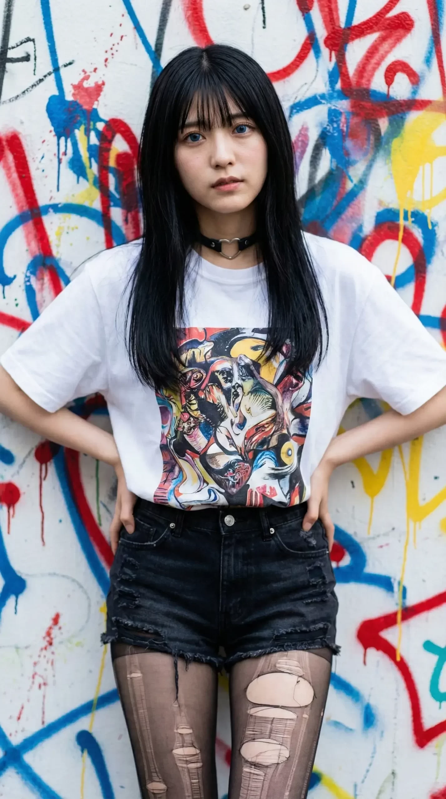 グラフィティの前でポーズをとる女性