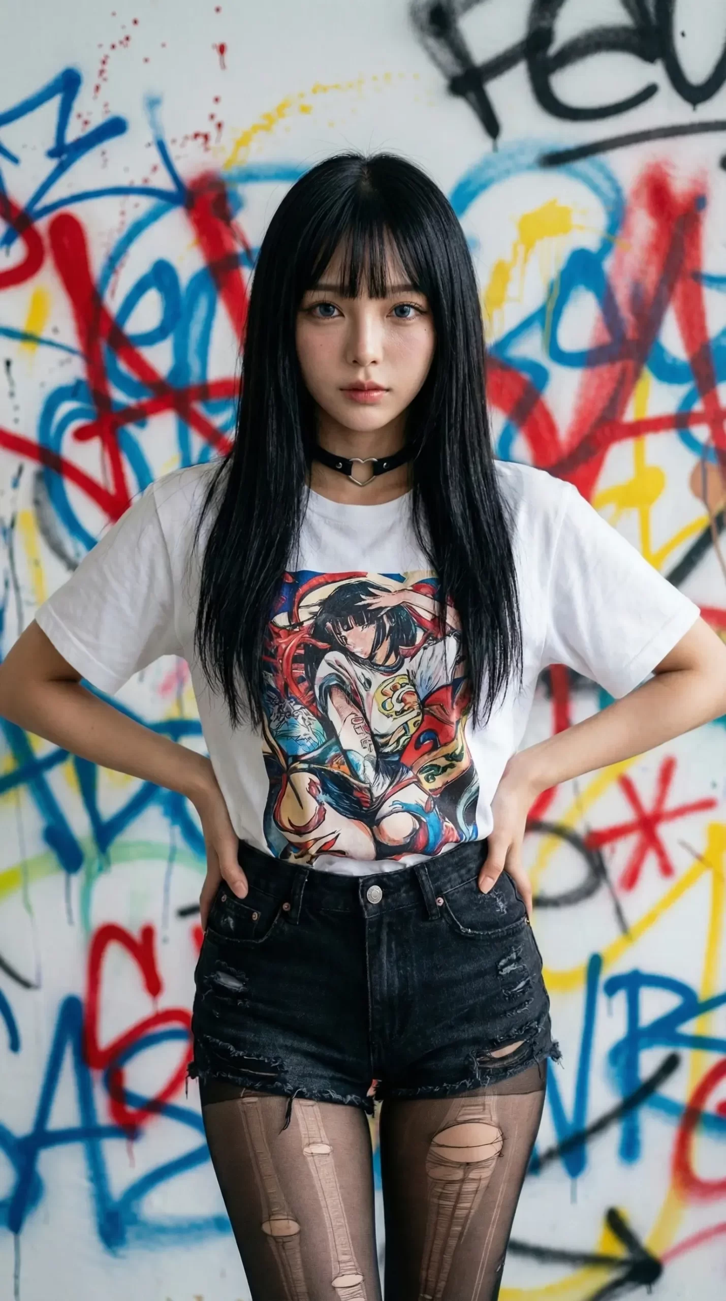 グラフィティ壁を背景に、キャラクターTシャツを着た女性