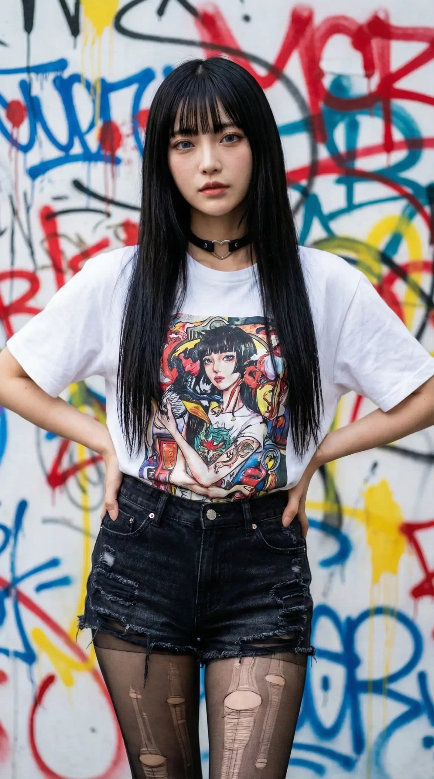 グラフィティ壁を背景に、グラフィックTシャツを着た女性