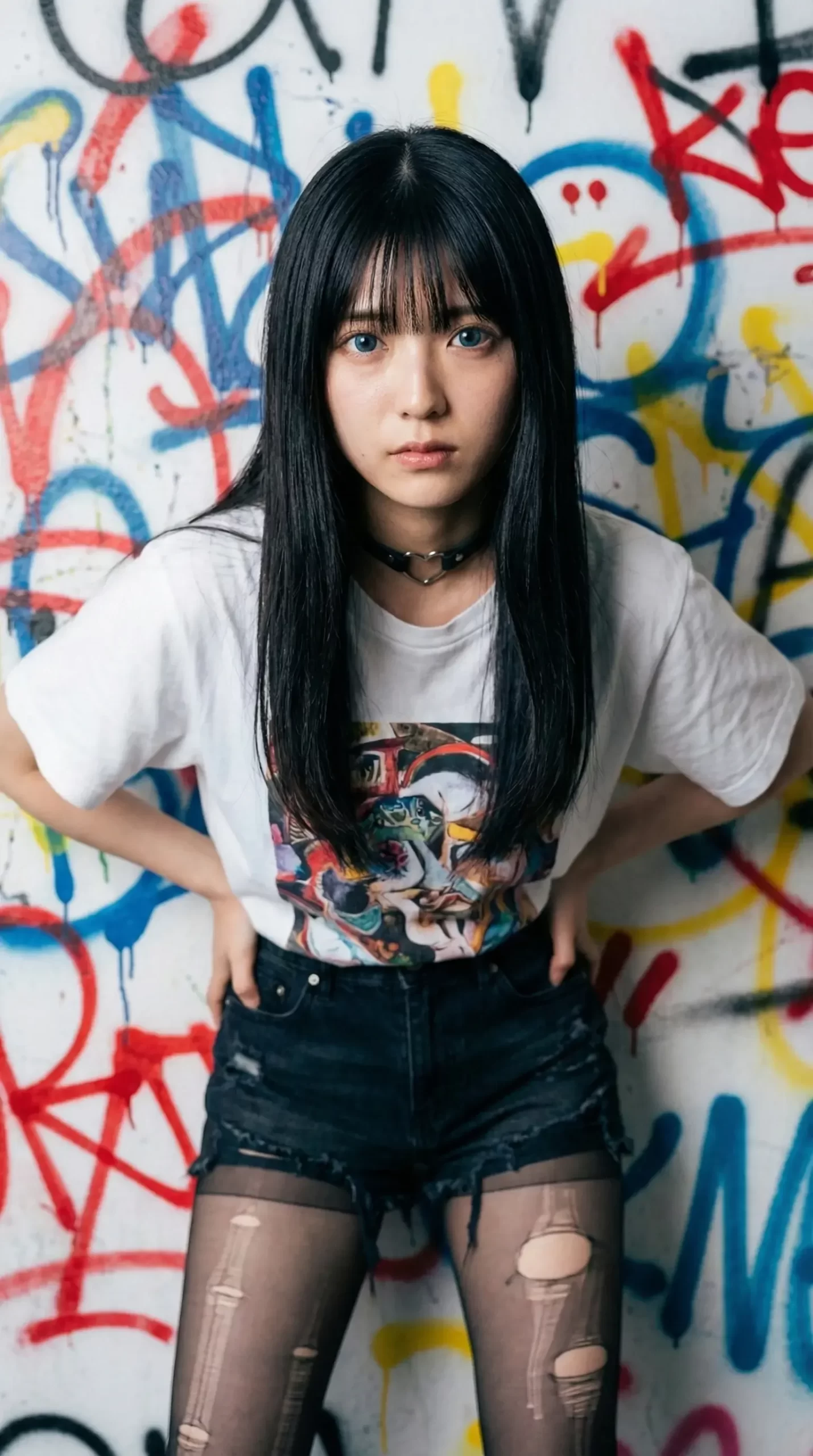 グラフィティ壁の前でポーズをとる少女