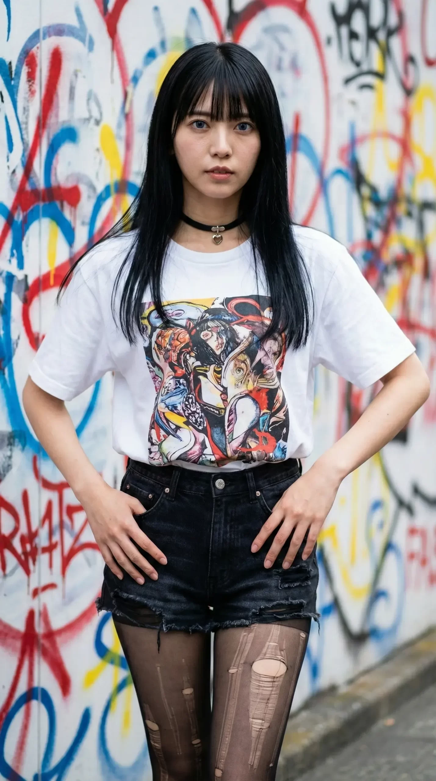 グラフィティ壁を背景に、派手なTシャツを着た女性。