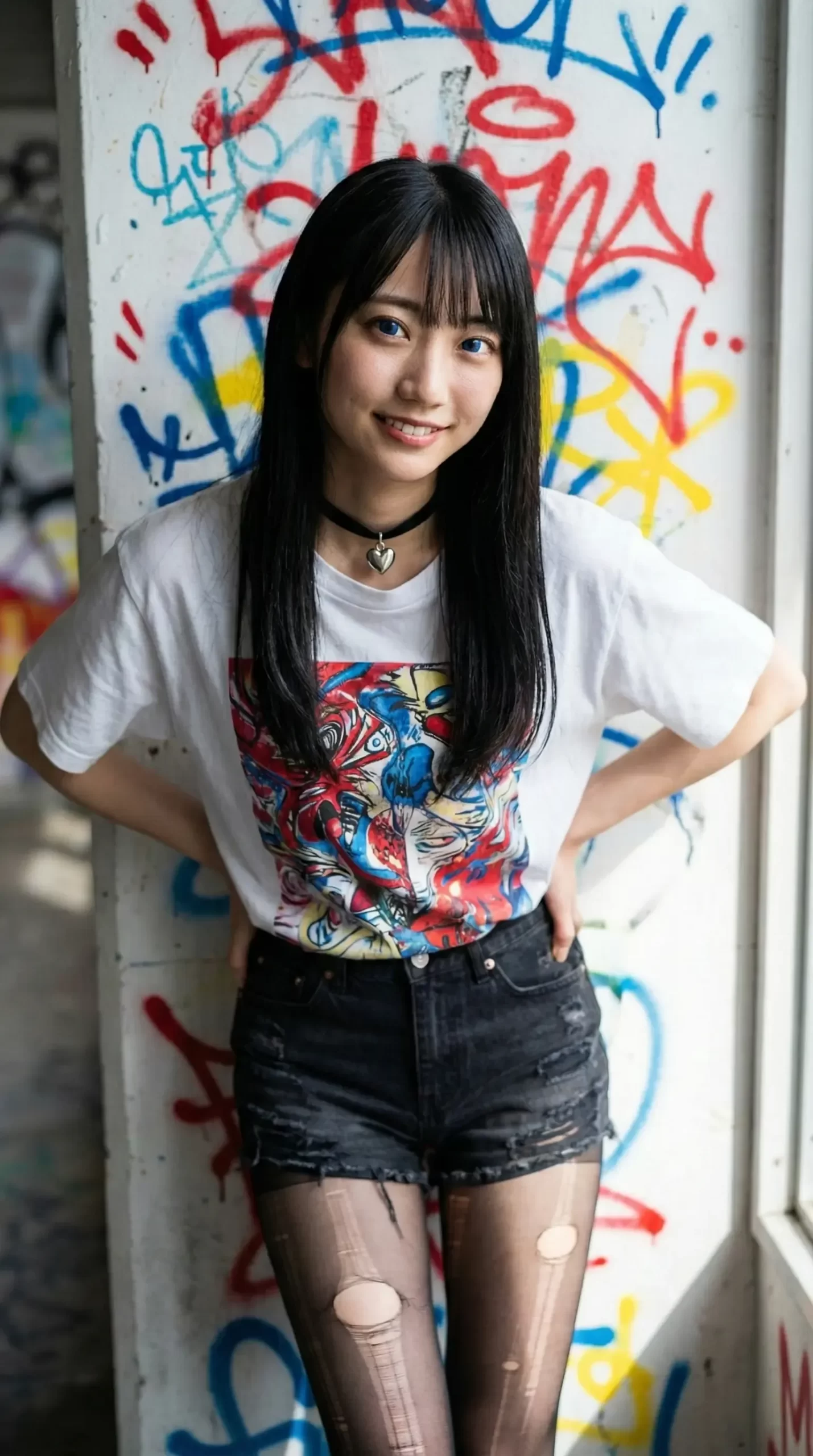 グラフィティ壁の前でポーズをとる少女