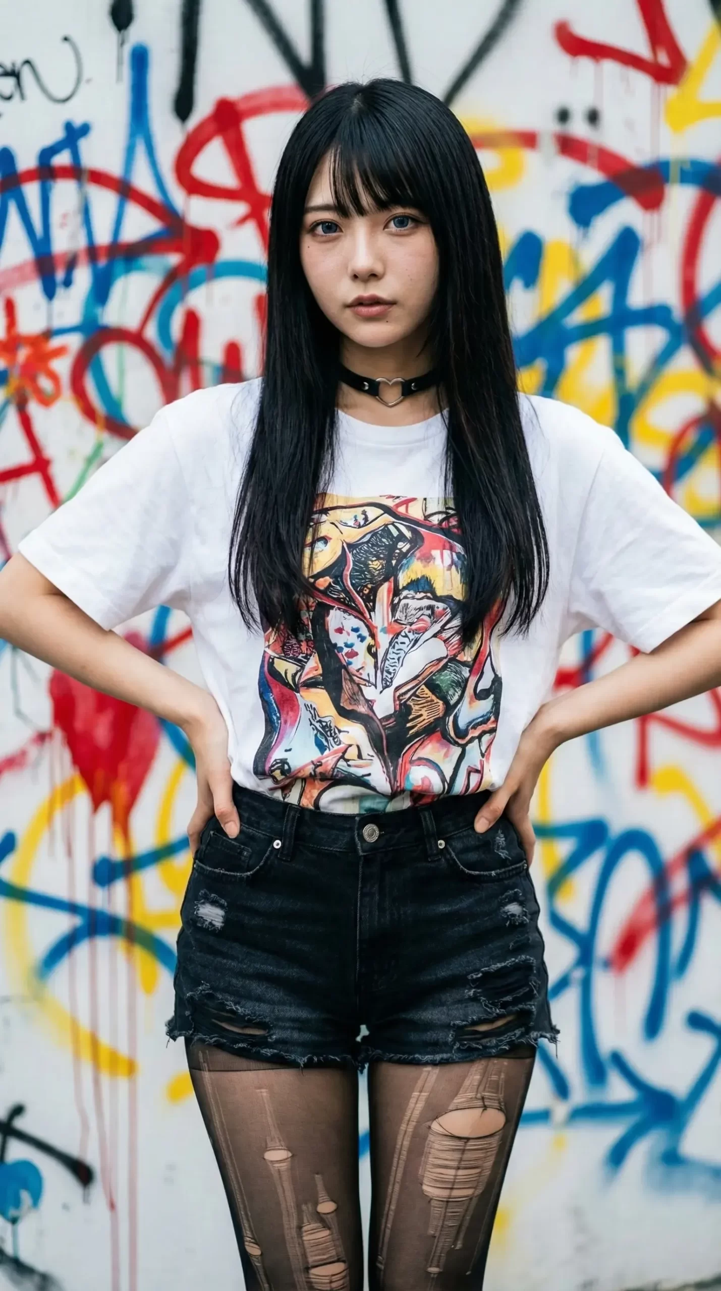 グラフィティ前でポーズをとる黒髪の女性
