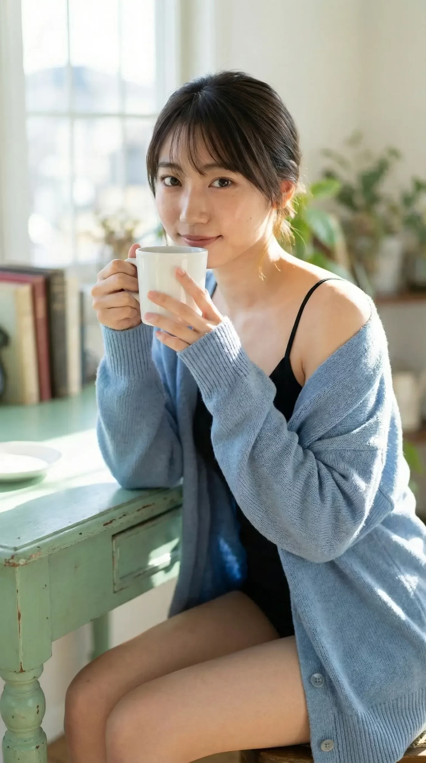 窓辺でコーヒーを飲む女性