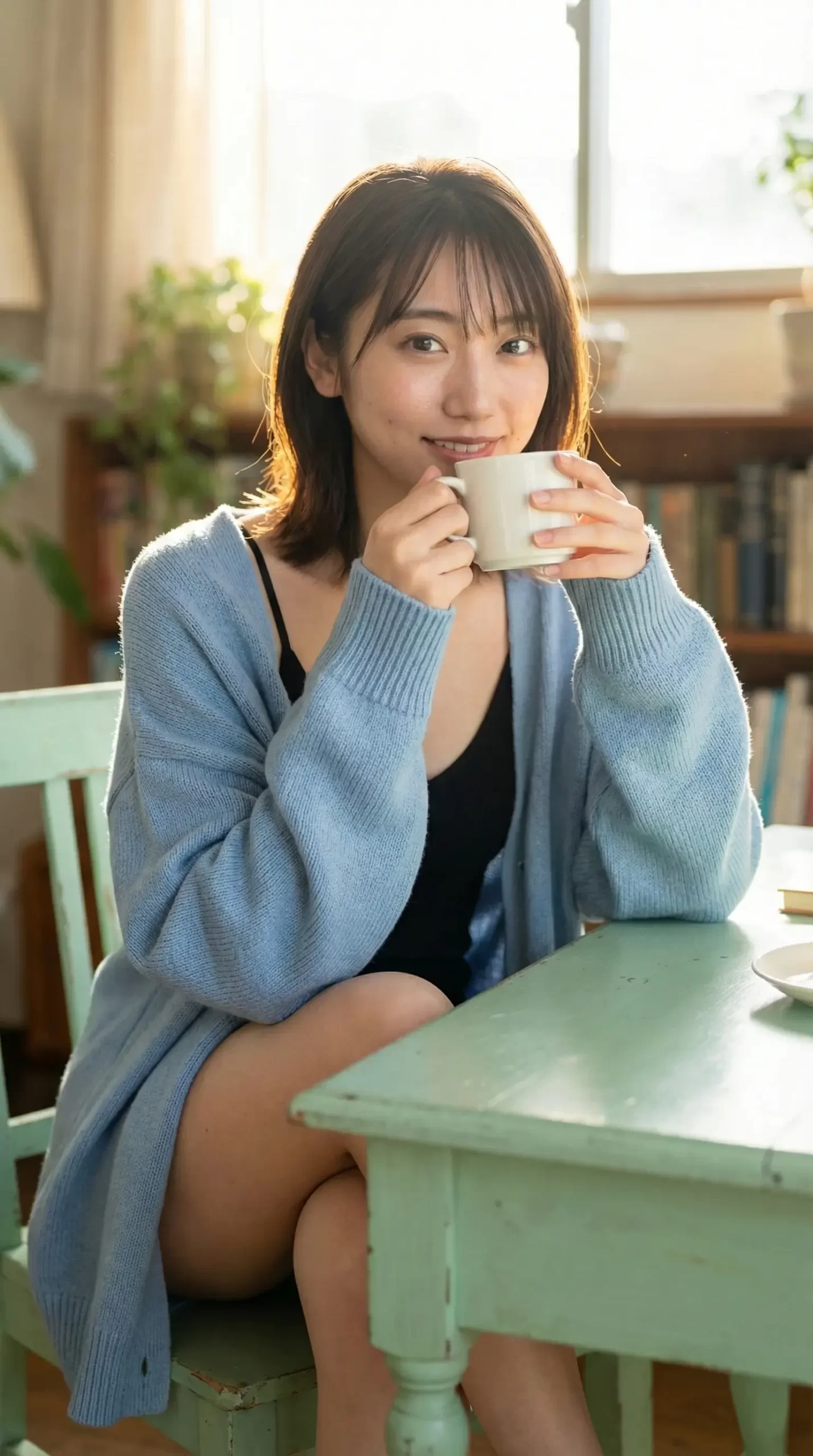青いカーディガンを着てコーヒーを飲む女性