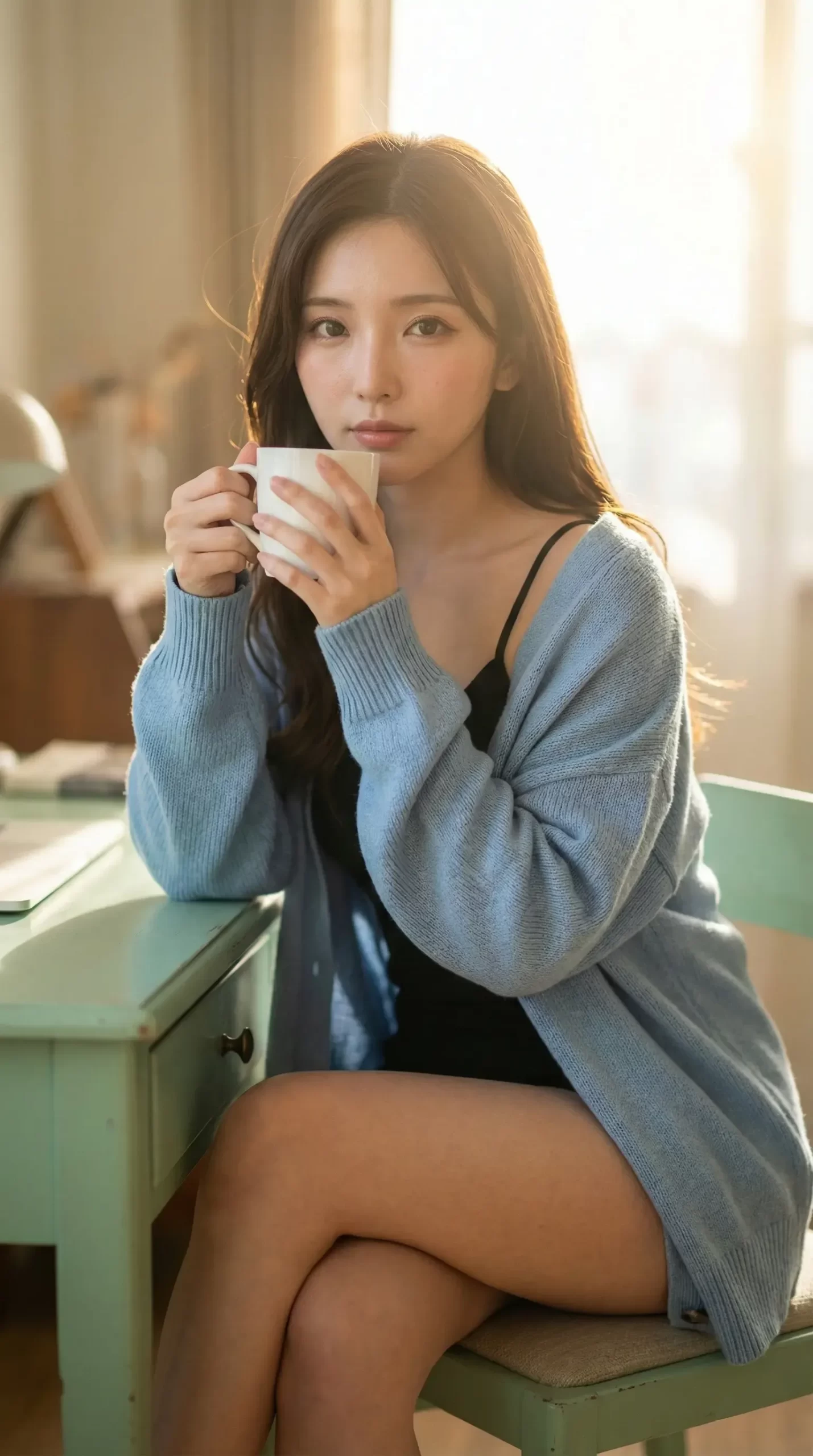 女性がコーヒーを飲みながらデスクに座っている