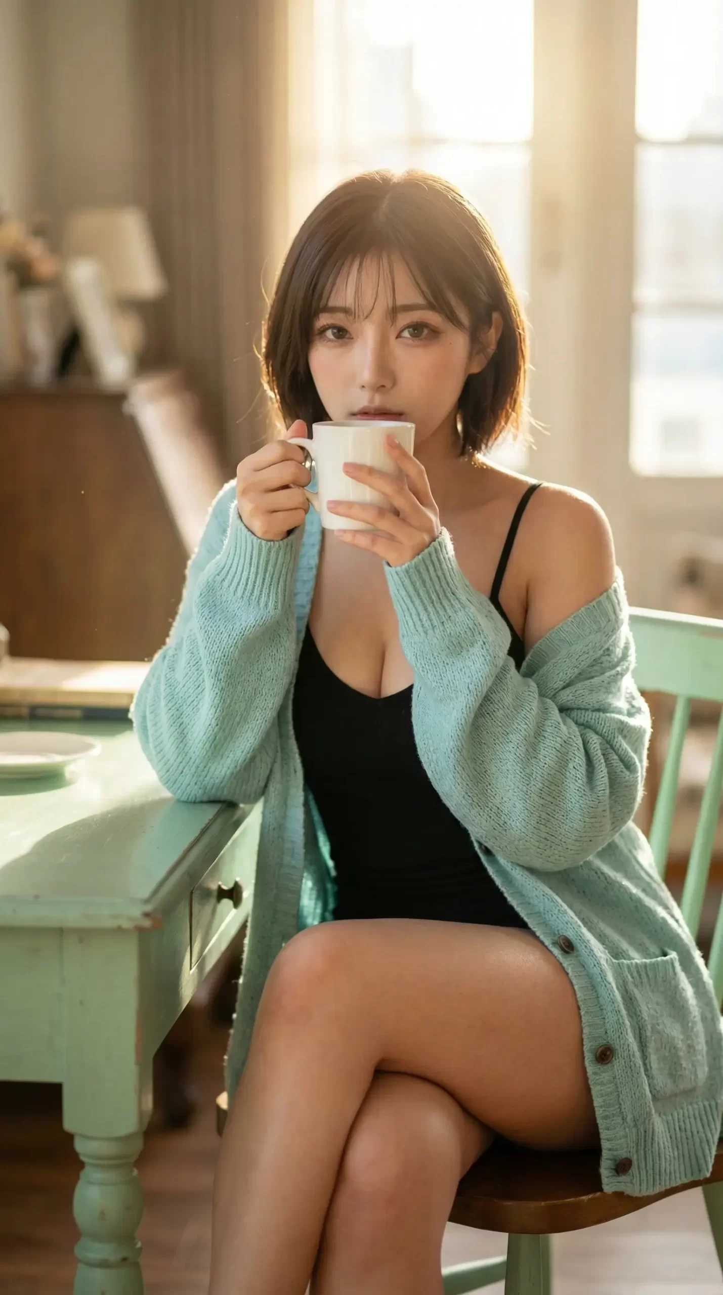 光の中でコーヒーを飲む女性