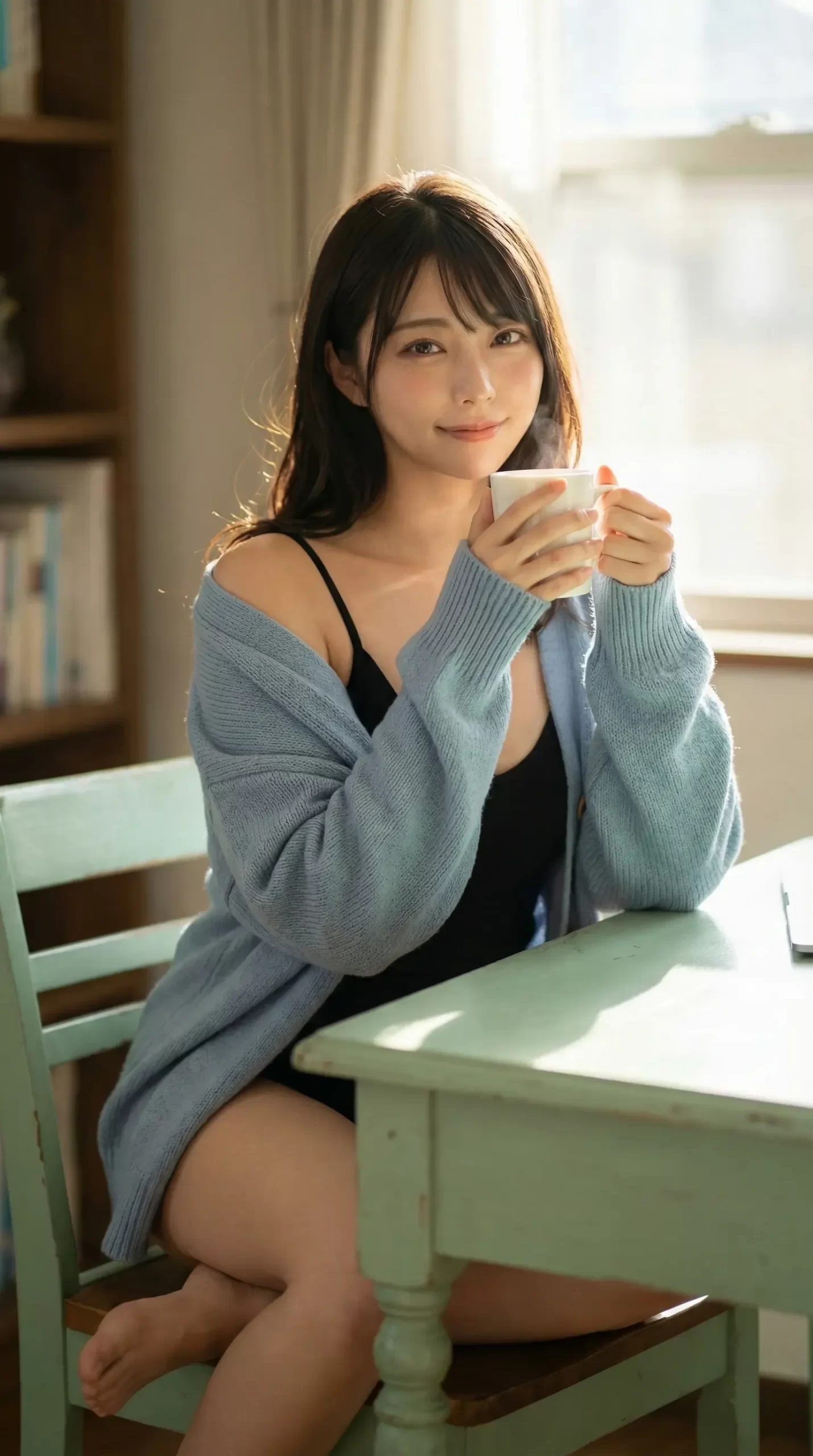 女性がコーヒーカップを手に持ち、微笑んでいる。