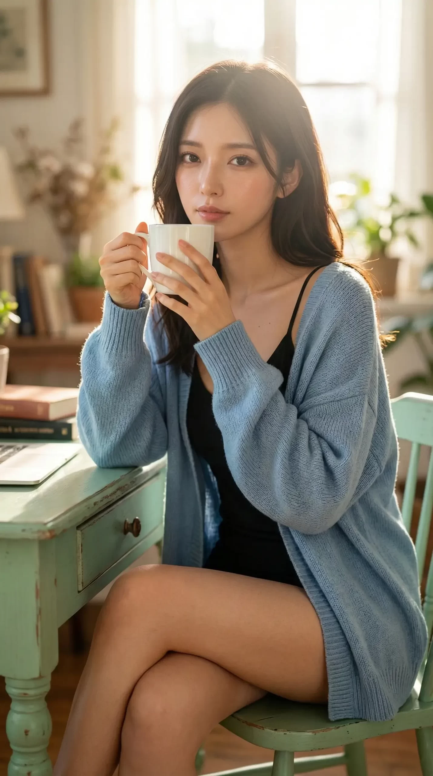 青いカーディガンを着てコーヒーを飲む女性