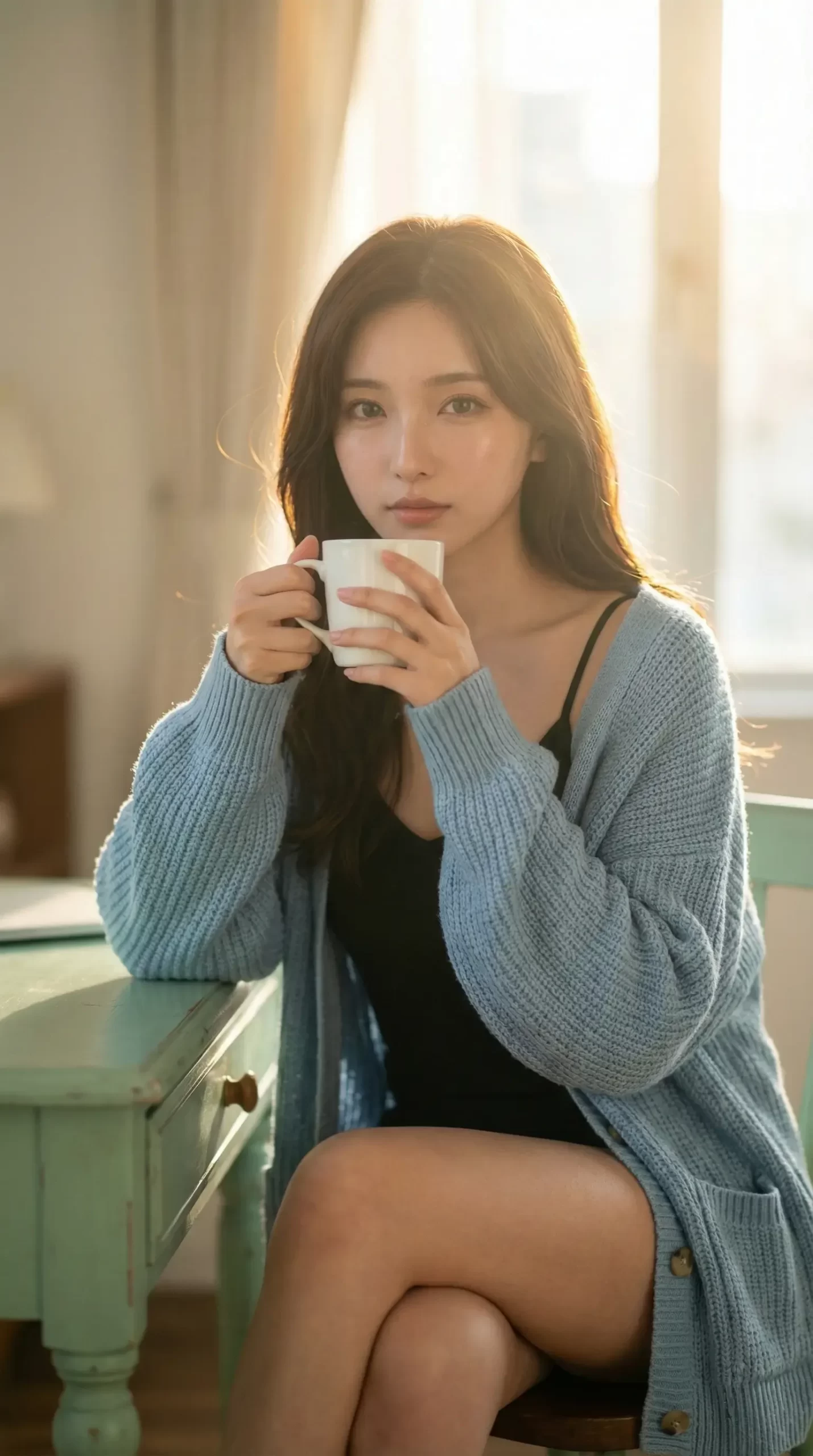 暖かな光の中でコーヒーを飲む女性