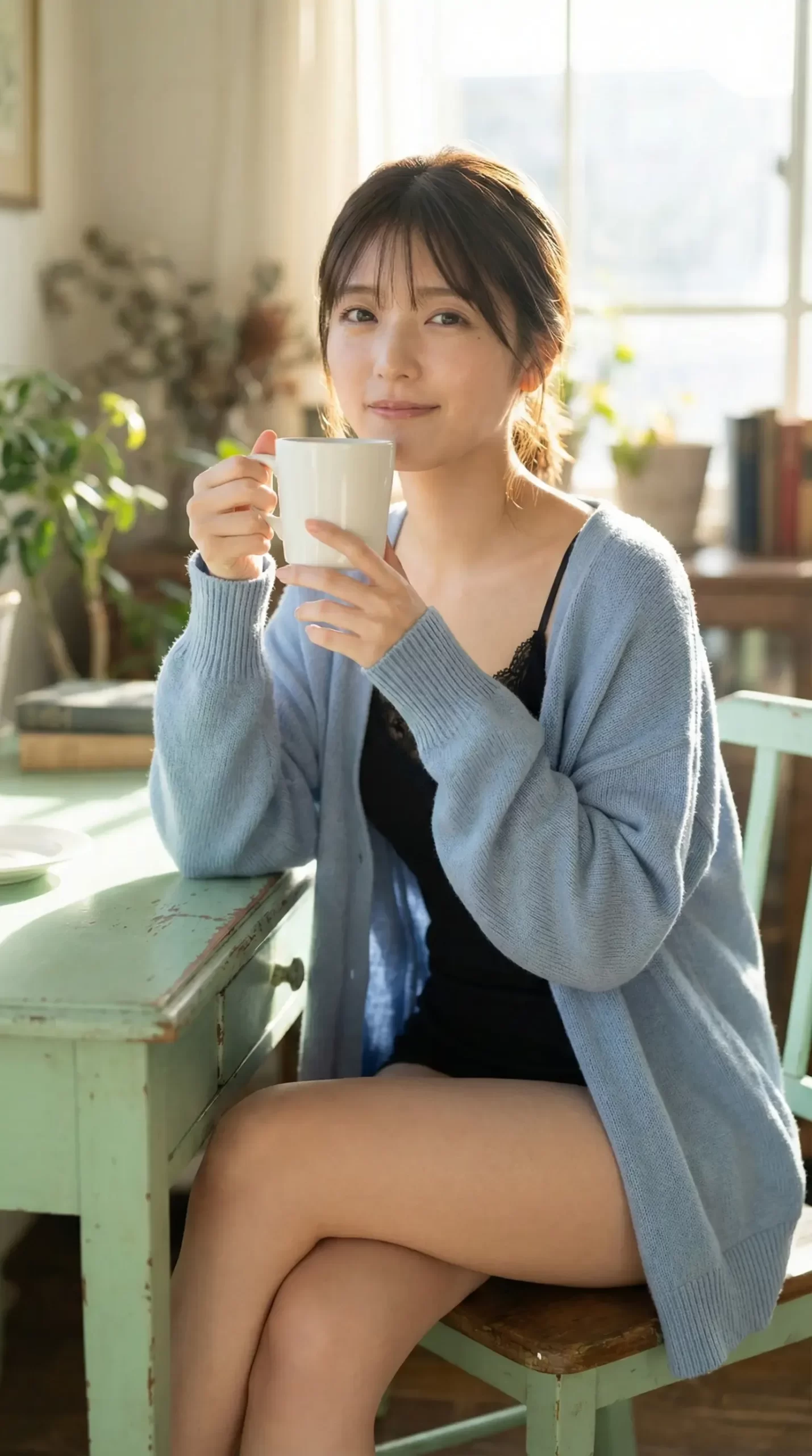 女性がマグカップを持って微笑んでいる