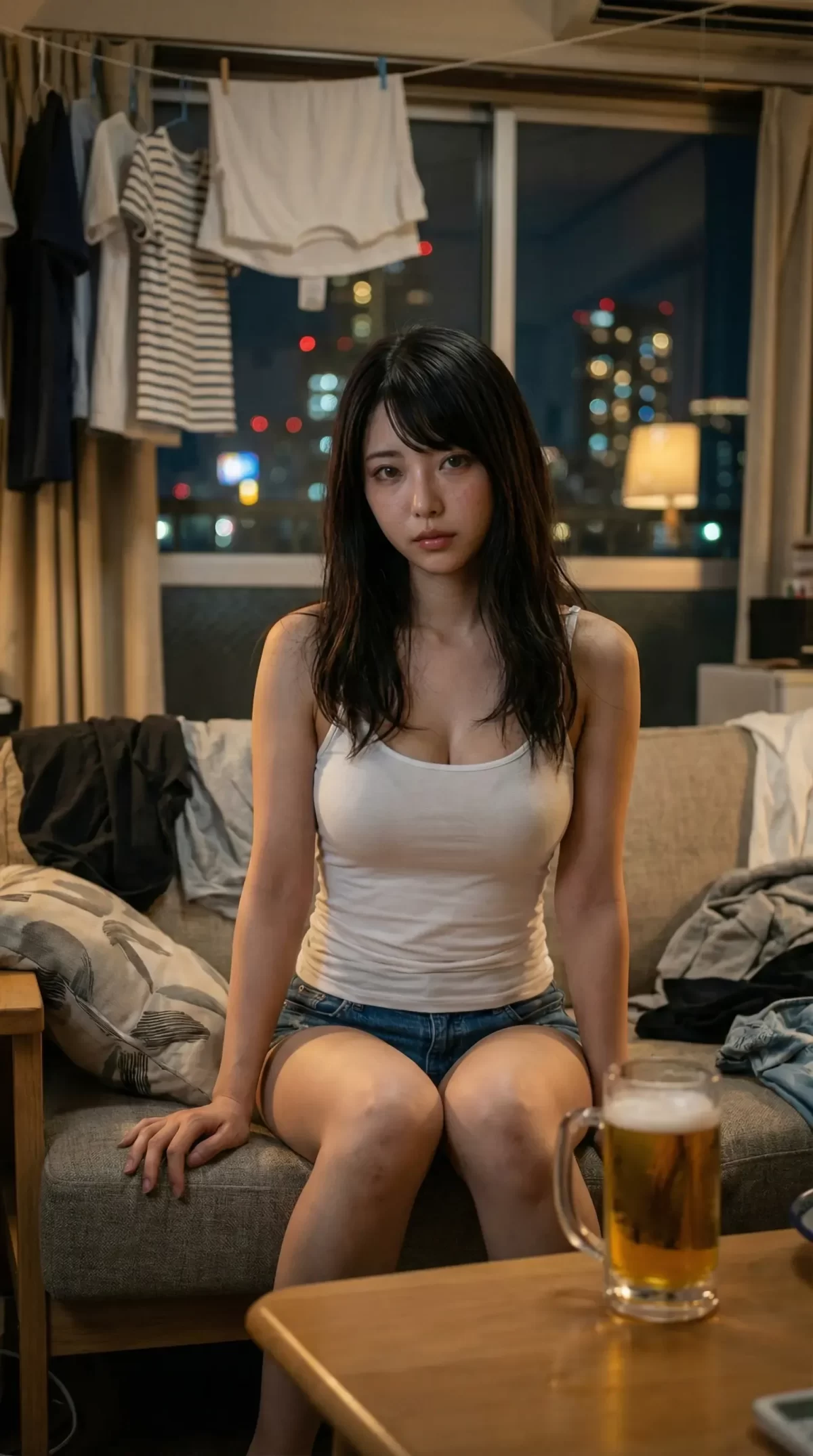 ソファに座りビールを飲む女性