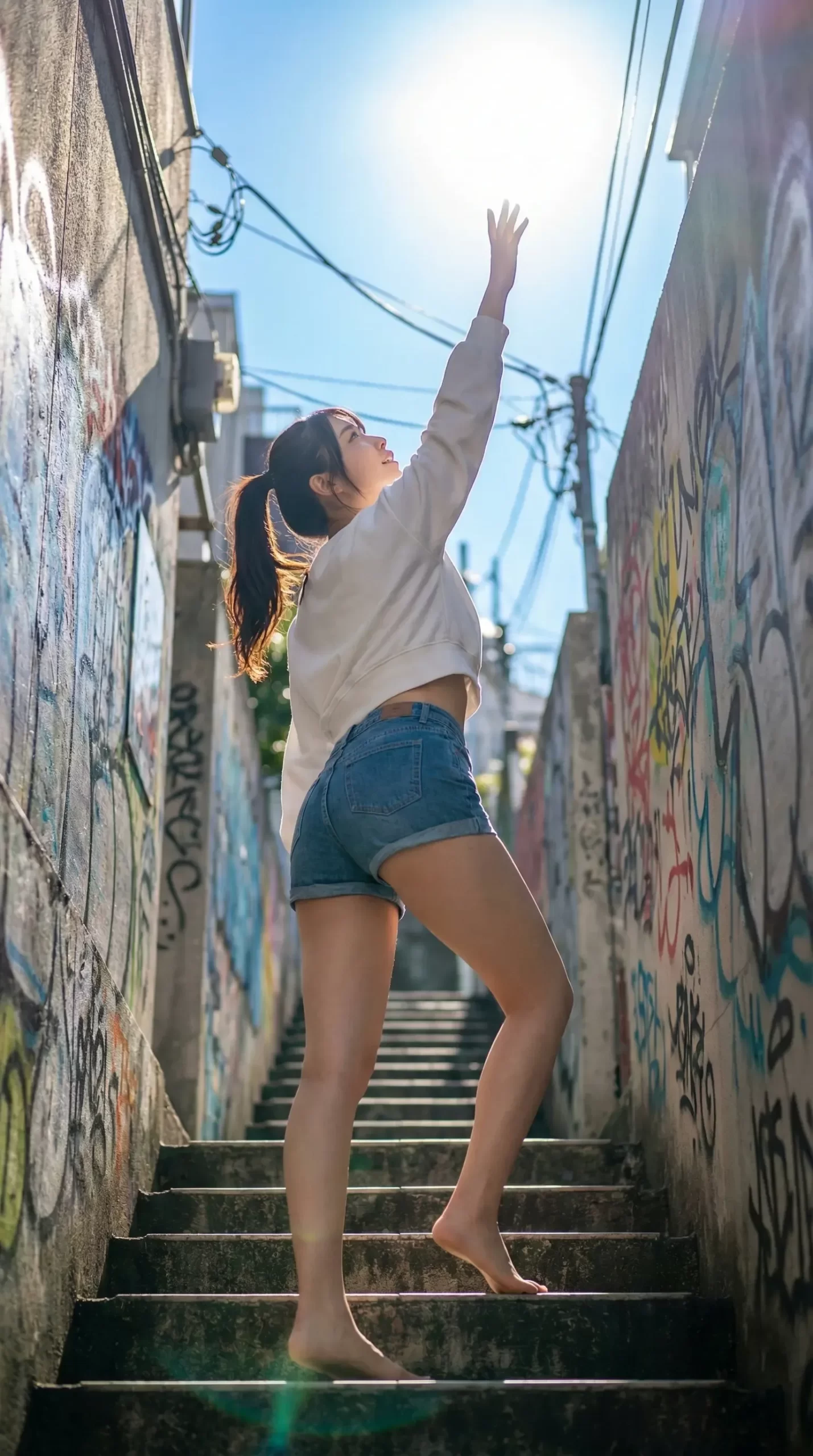 階段を上る少女、夏の日差しを浴びる
