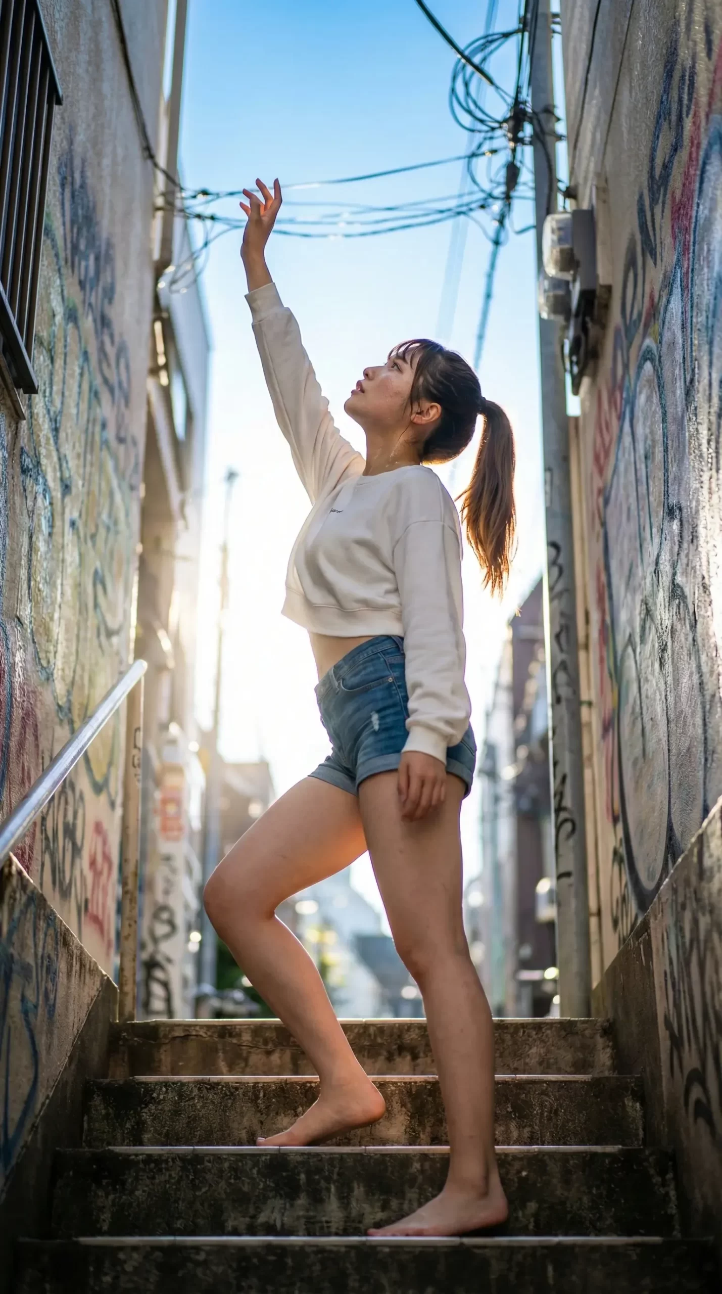 路地裏で階段を上り、空に手を伸ばす女性