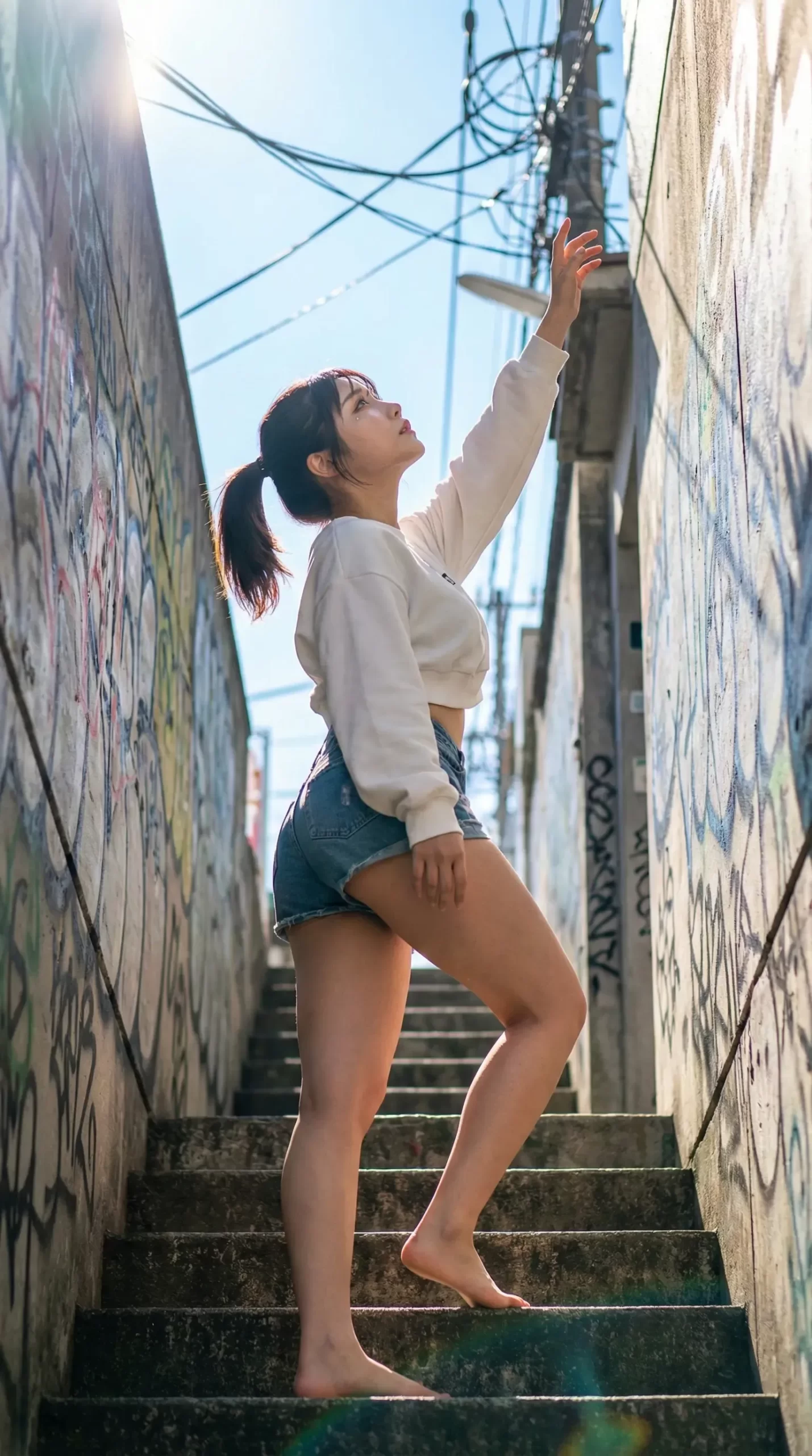 路地裏の階段で空を見上げる女性