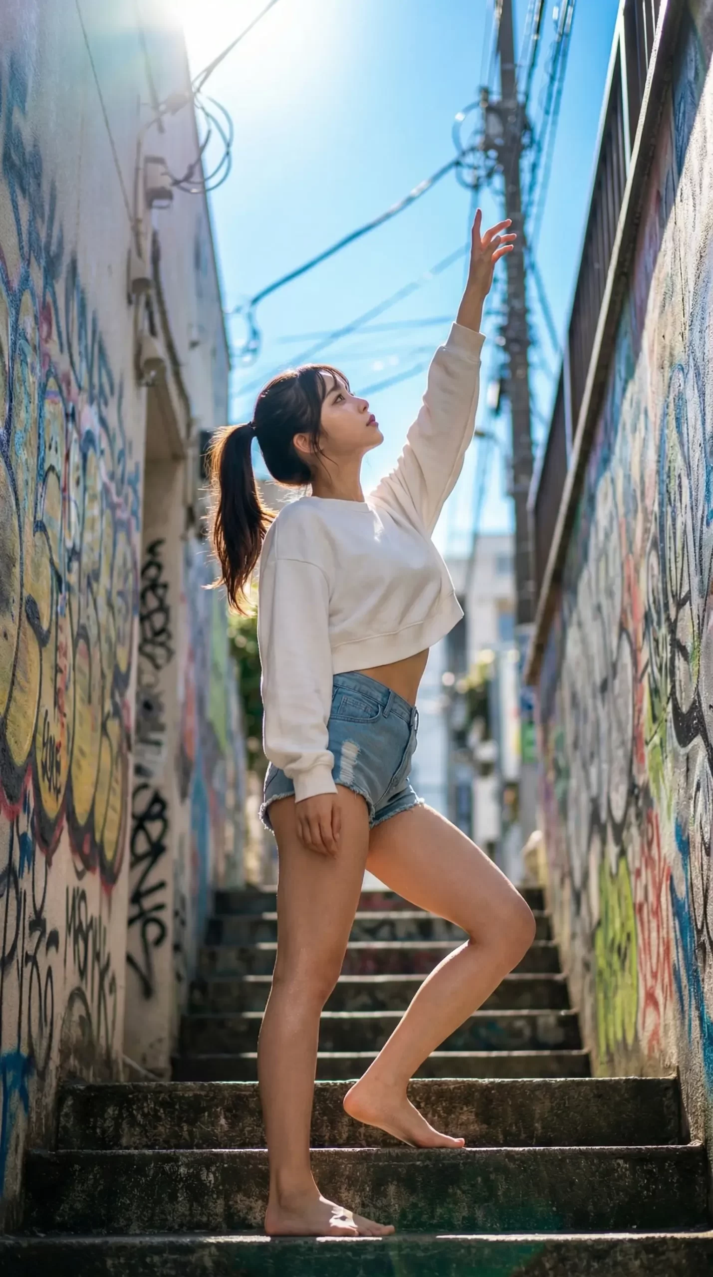 グラフィティ壁のある階段を上る女性