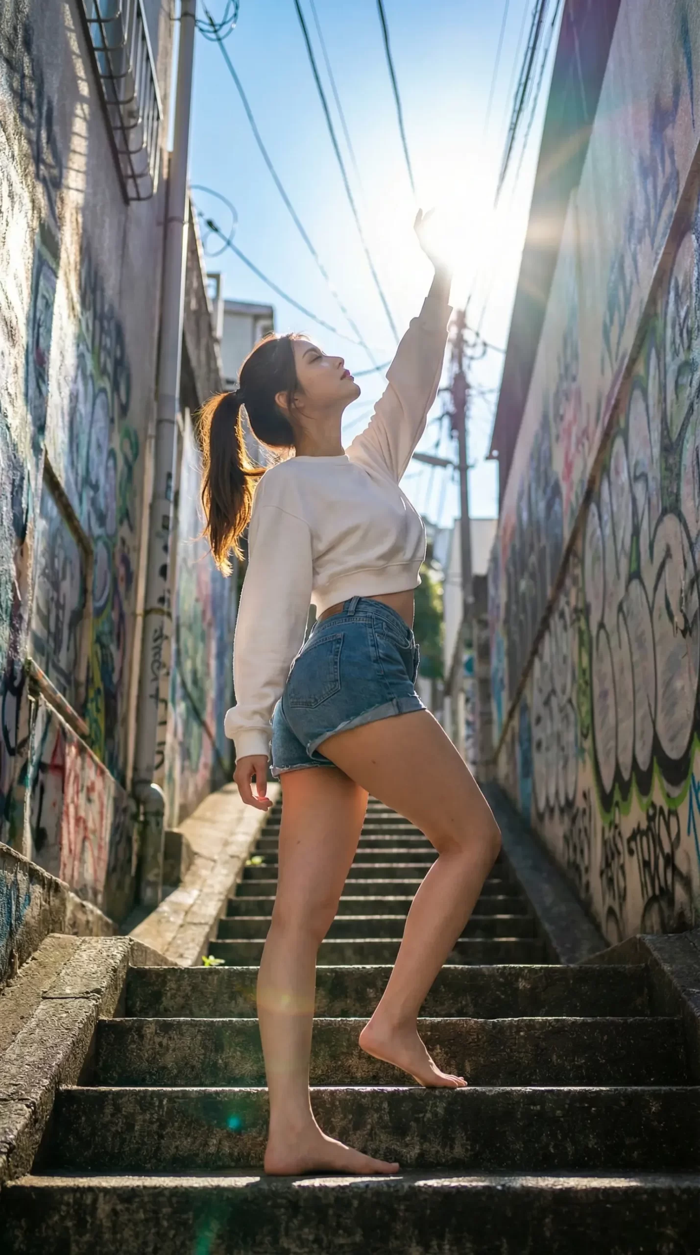 階段を上る女性、太陽に向かって手を伸ばす
