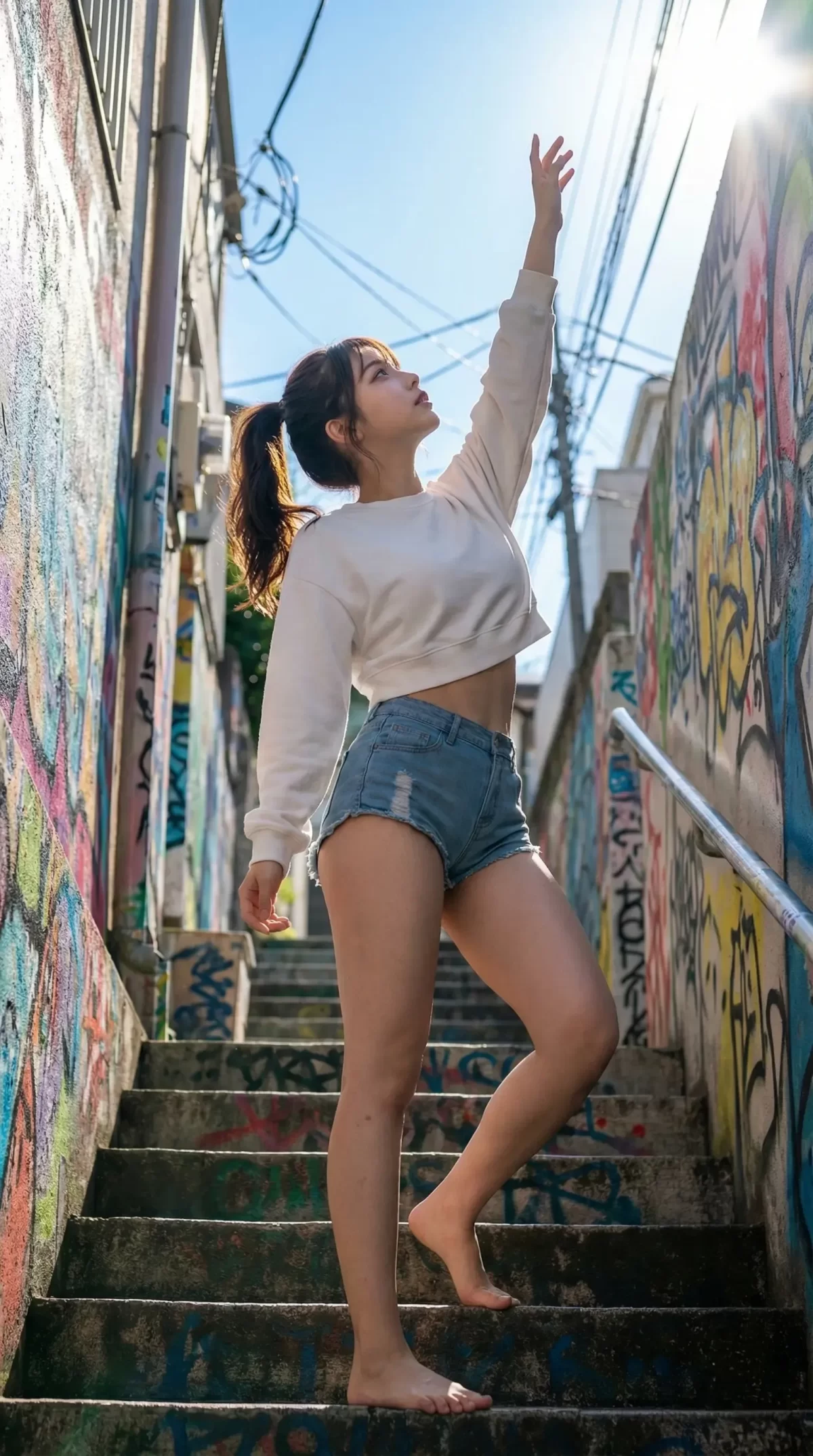 グラフィティのある階段で片手を上げる女性