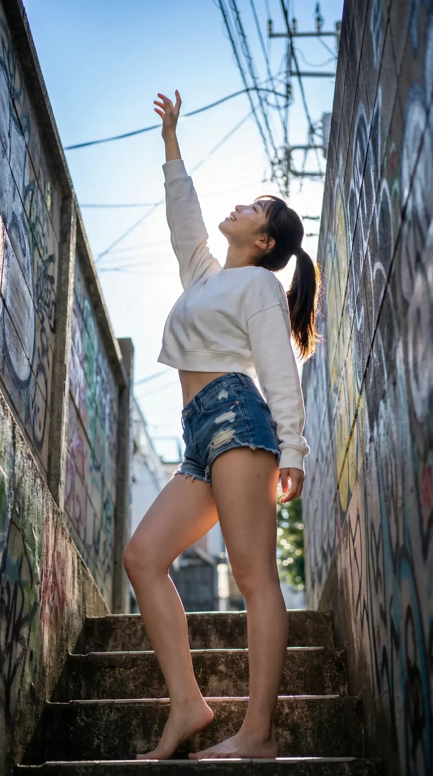 階段を上る女性が手を伸ばし、空を見上げている