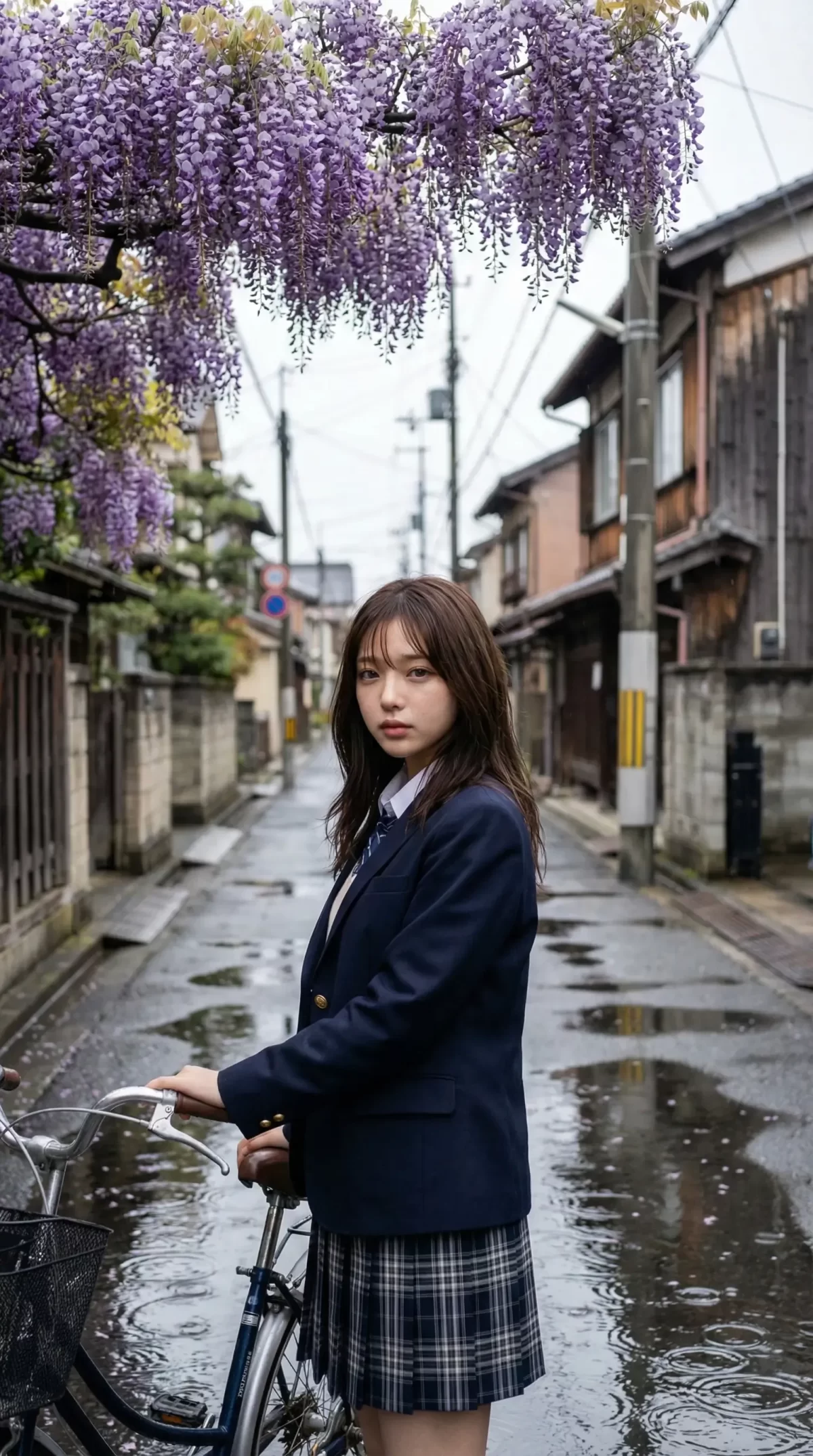 雨の路地で自転車に寄り添う制服姿の女性