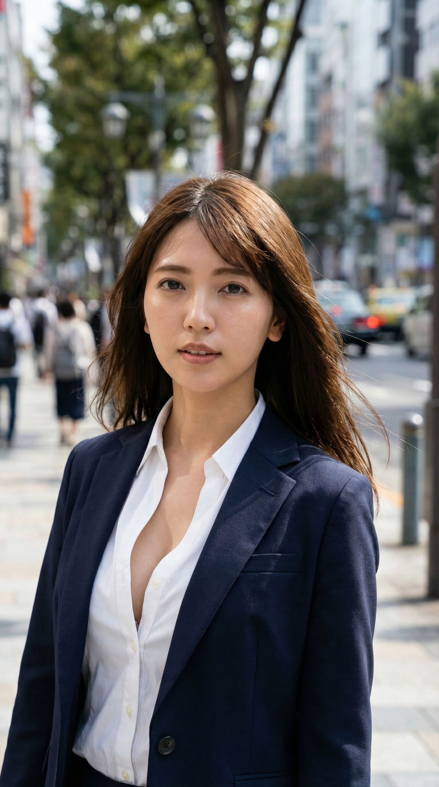 紺色のブレザーと白いシャツを着た女性