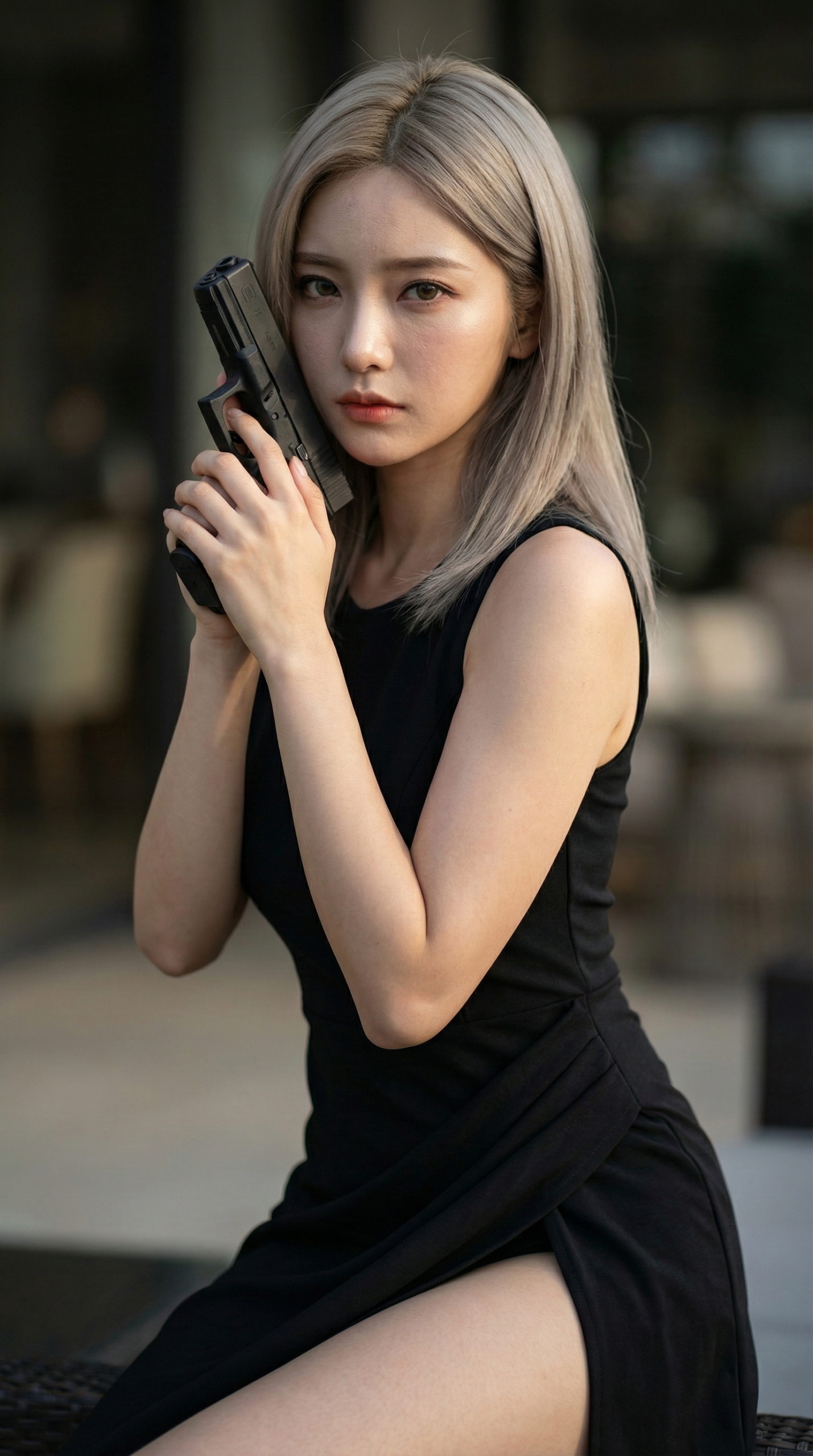 黒いドレスを着て拳銃を持つ女性