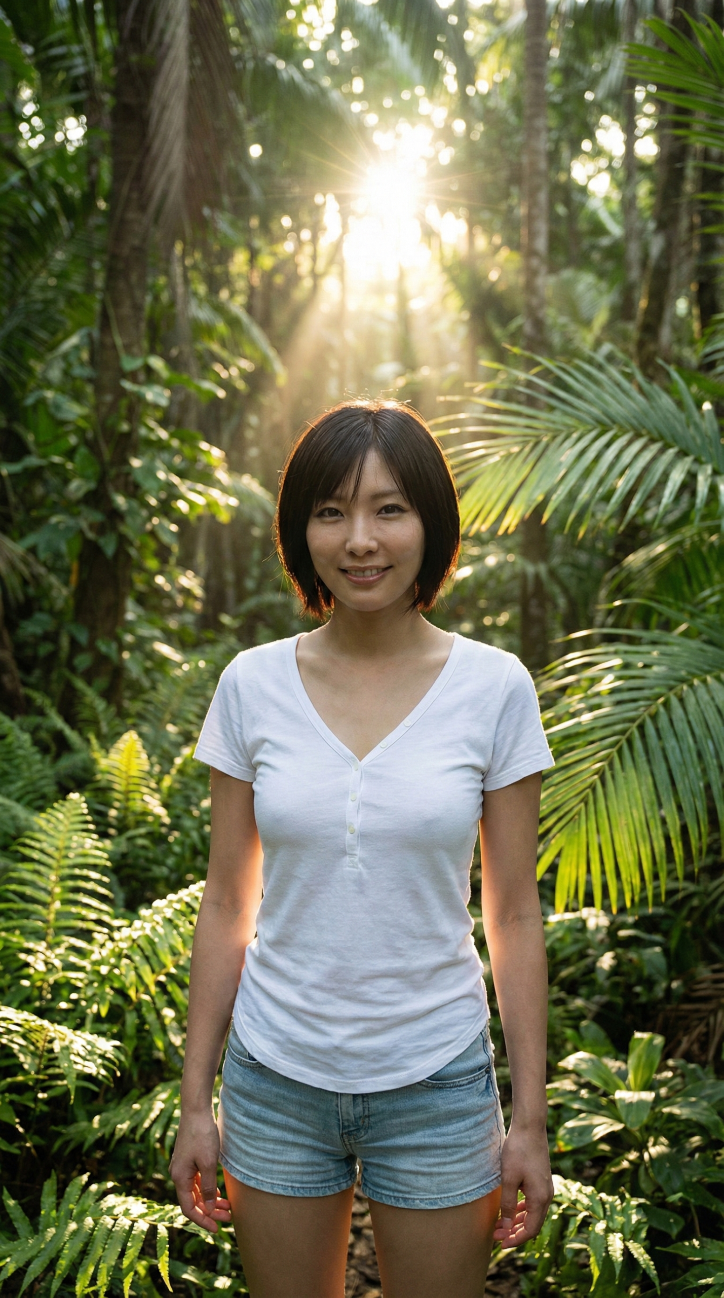 森の中、木漏れ日を浴びて微笑む女性