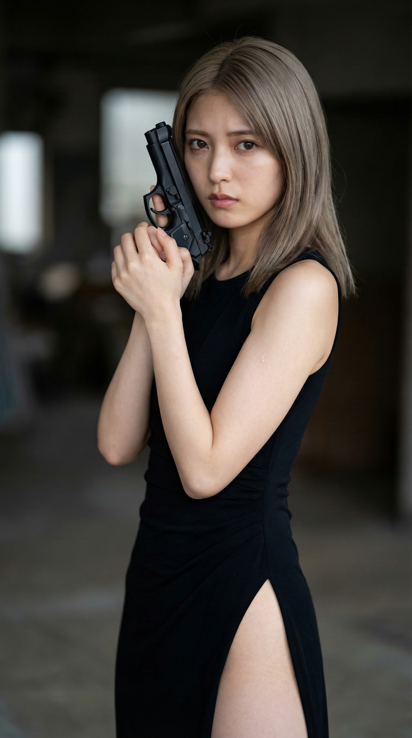 黒いドレスを着た女性が銃を構えている