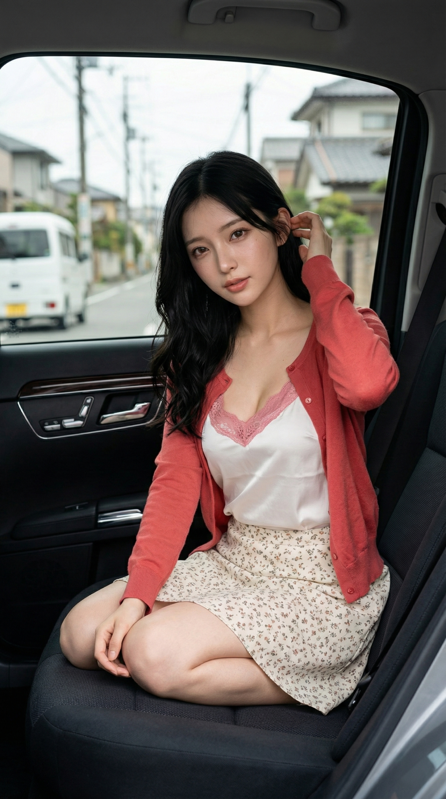 車内後部座席に座り、カメラ目線の若い女性