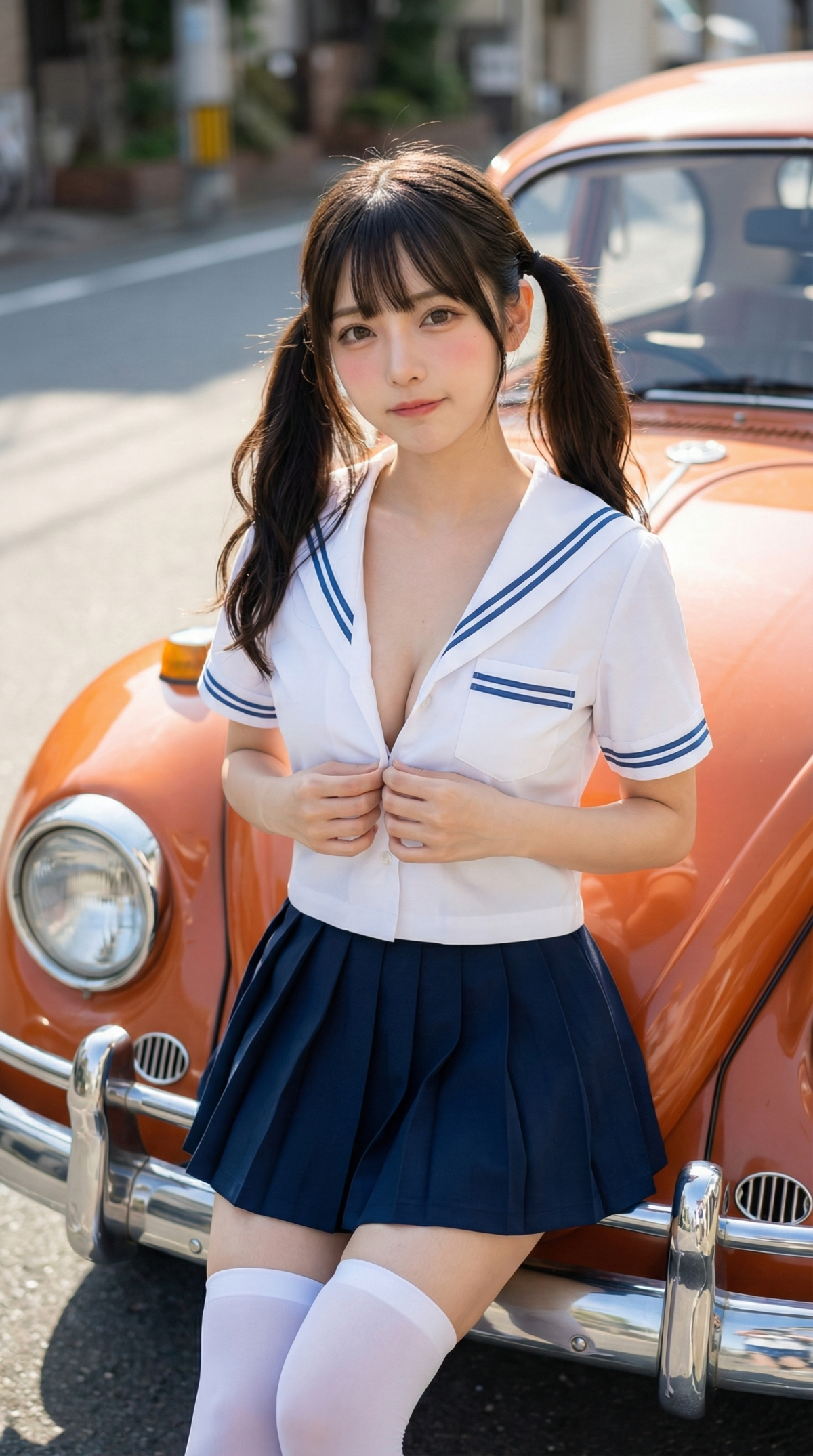 セーラー服を着た女性とクラシックカー