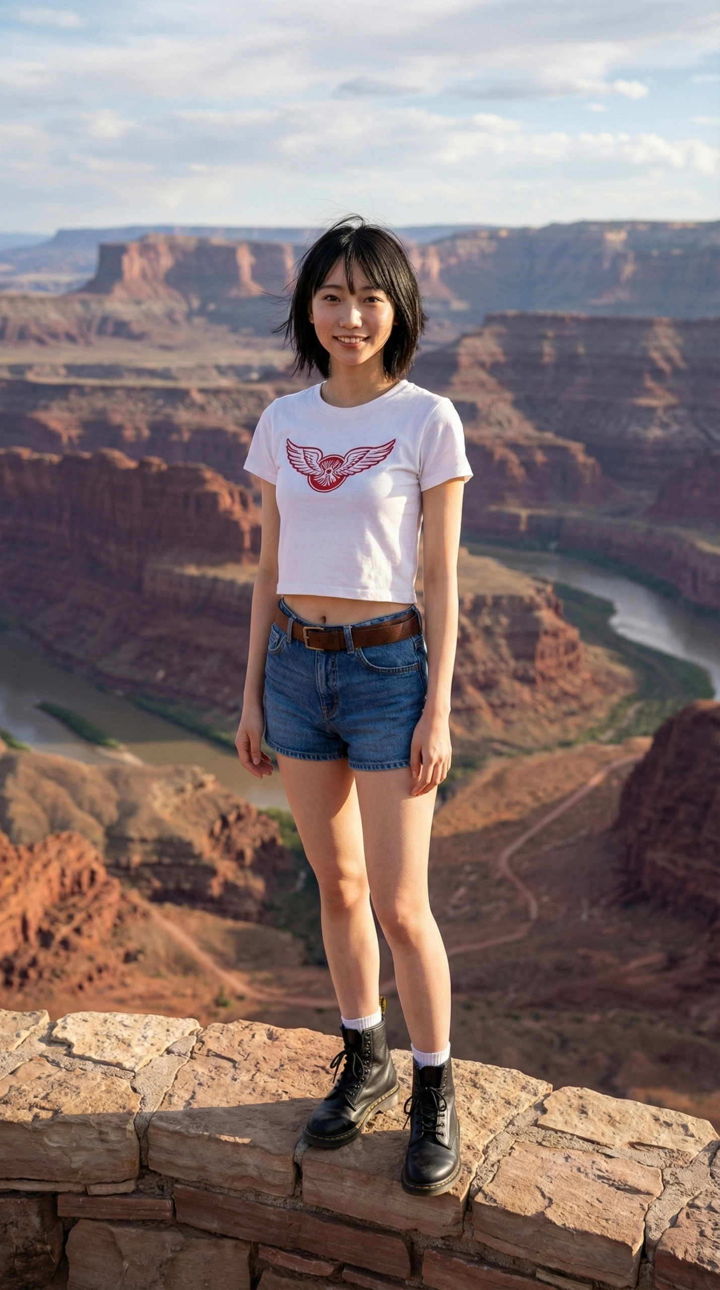 断崖絶壁に立つ、白いTシャツの女性