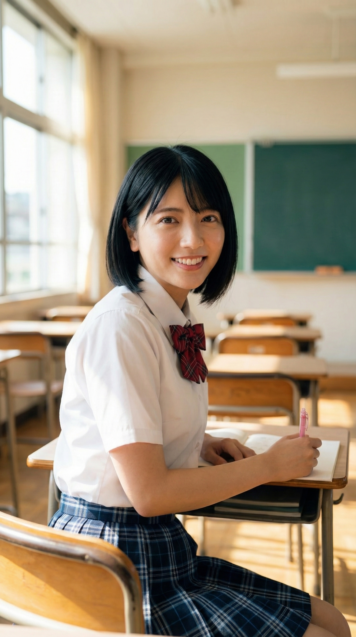 笑顔でノートに書き込みする女子高生
