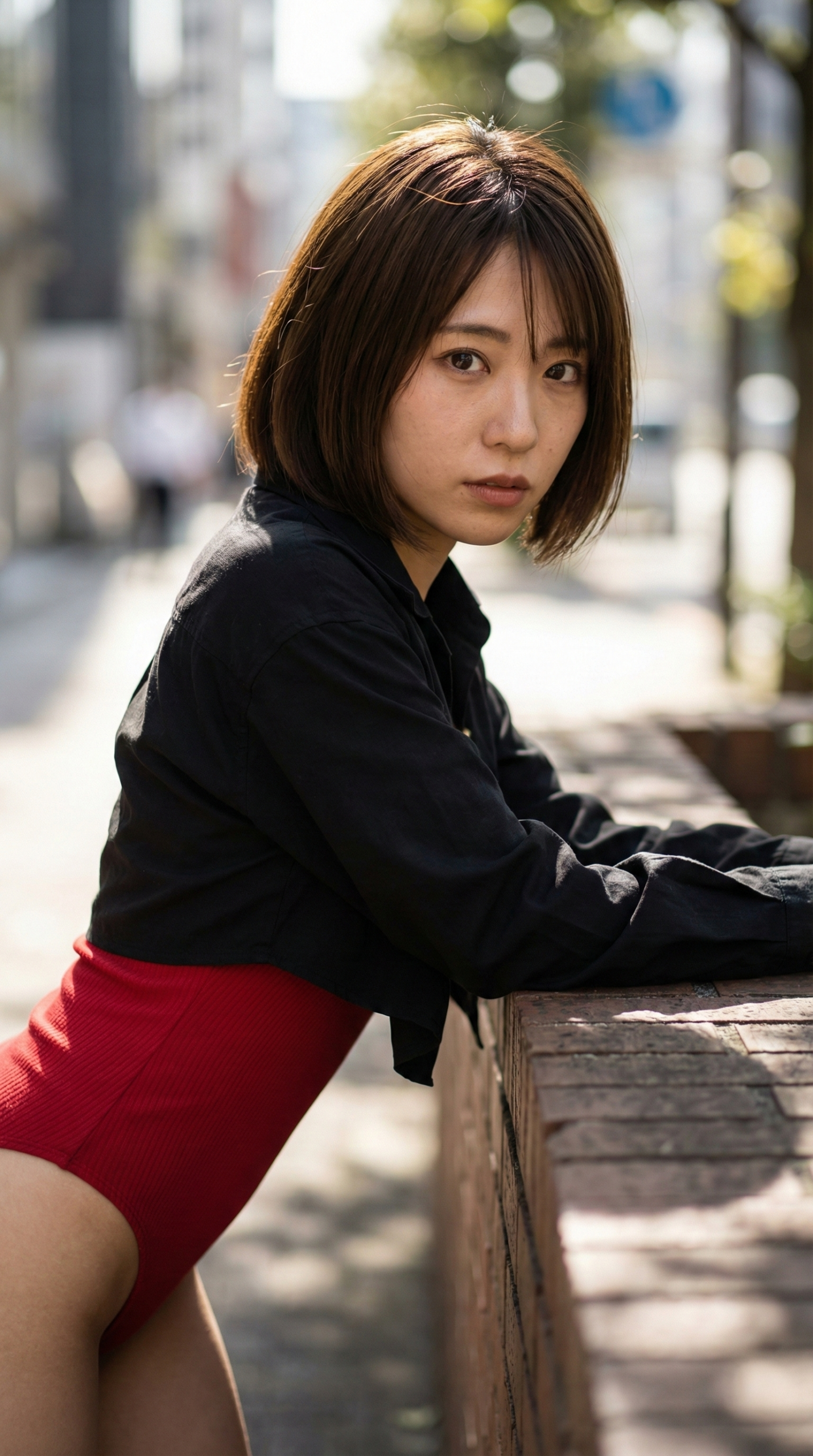 黒いシャツと赤い水着を着た女性