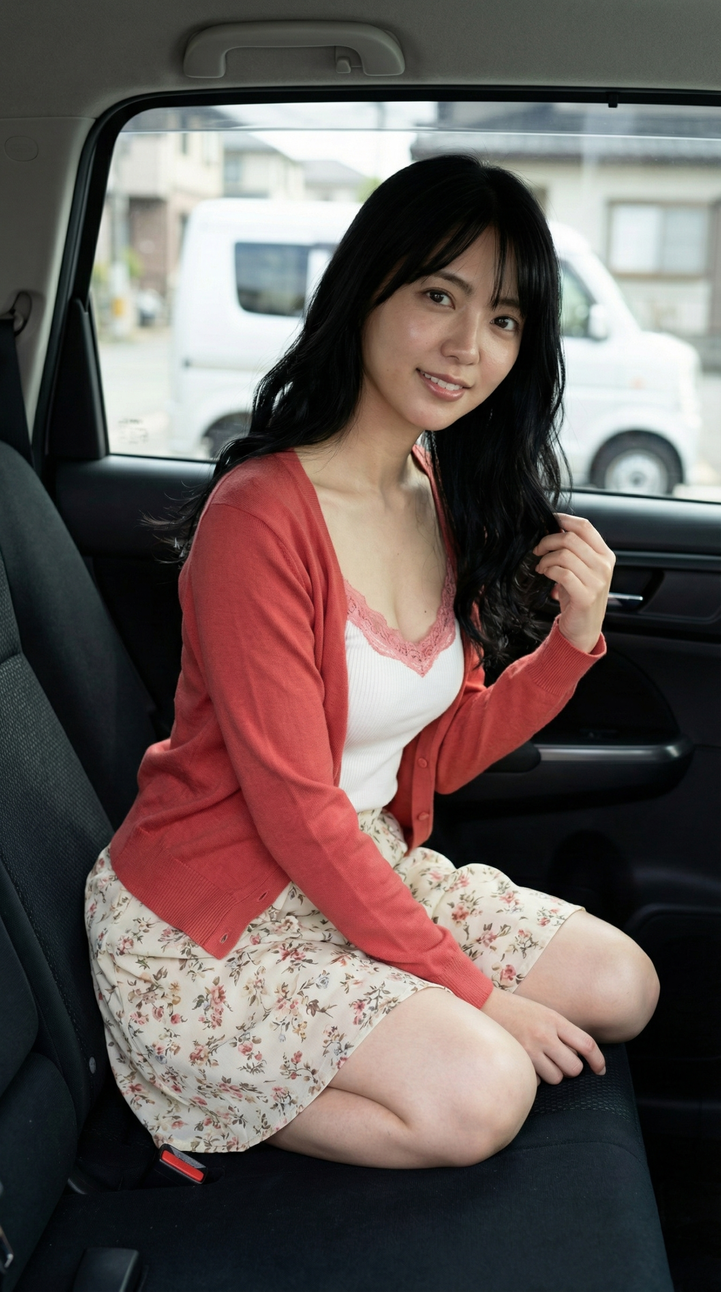 車内で座る女性、花柄のスカートとカーディガン