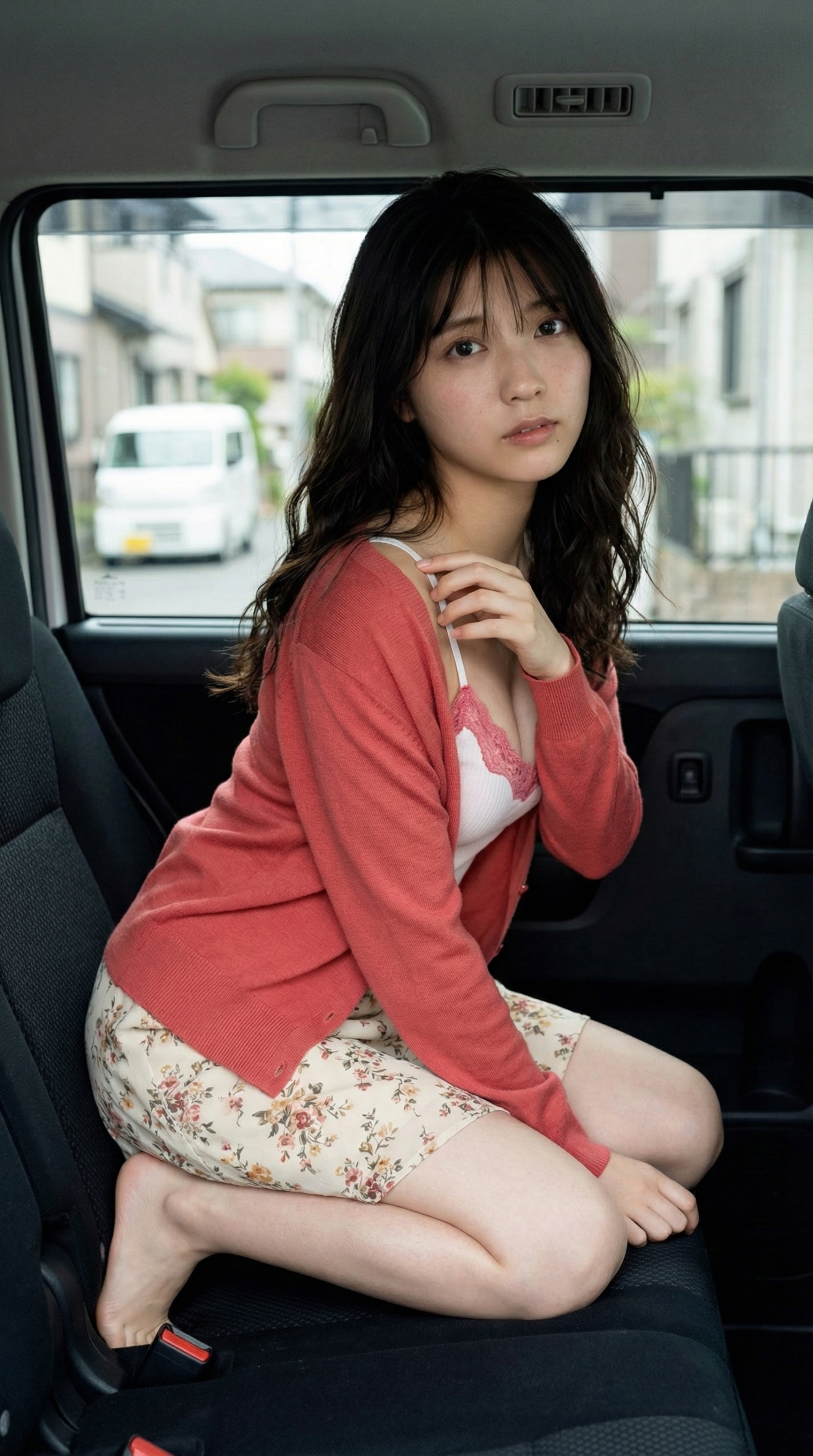 車内で花柄のスカートを履き、カーディガンを羽織った若い女性